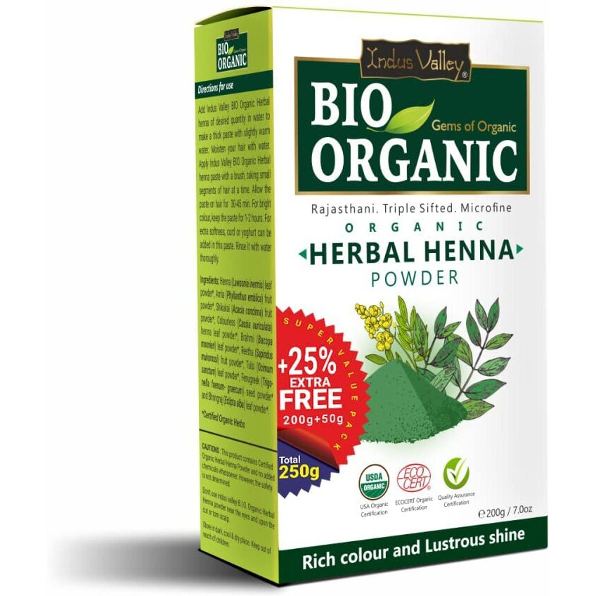 Indus Valley Bio Organic Herbal Henna Powder (200G+50G) - Green