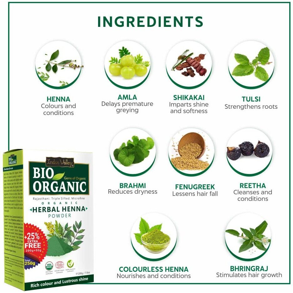 Indus Valley Bio Organic Herbal Henna Powder (200G+50G) - Green