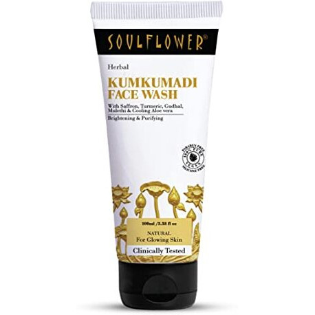Soulflower Kumkumadi Face Wash For Deep Cleansing, Instant Glow, Moisturizing, Face Cleanser With Aloe Vera, Turmeric, Gudhal, Saffron, Almond | Paraben Free, Vegan, Clinicaly Tested | 100Ml