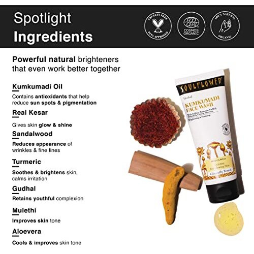 Soulflower Kumkumadi Face Wash For Deep Cleansing, Instant Glow, Moisturizing, Face Cleanser With Aloe Vera, Turmeric, Gudhal, Saffron, Almond | Paraben Free, Vegan, Clinicaly Tested | 100Ml