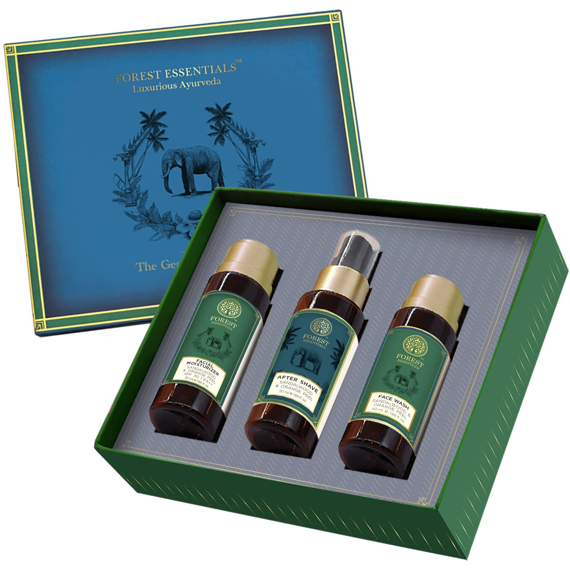 Forest Essentials Essentials For Him, Sandalwood & Orange Peel Spray Luxurious Gift Set For Men With Face Wash, Face Moisturizer, Special Occasion And Birthday Gift For Him, 3 Piece Gift Set