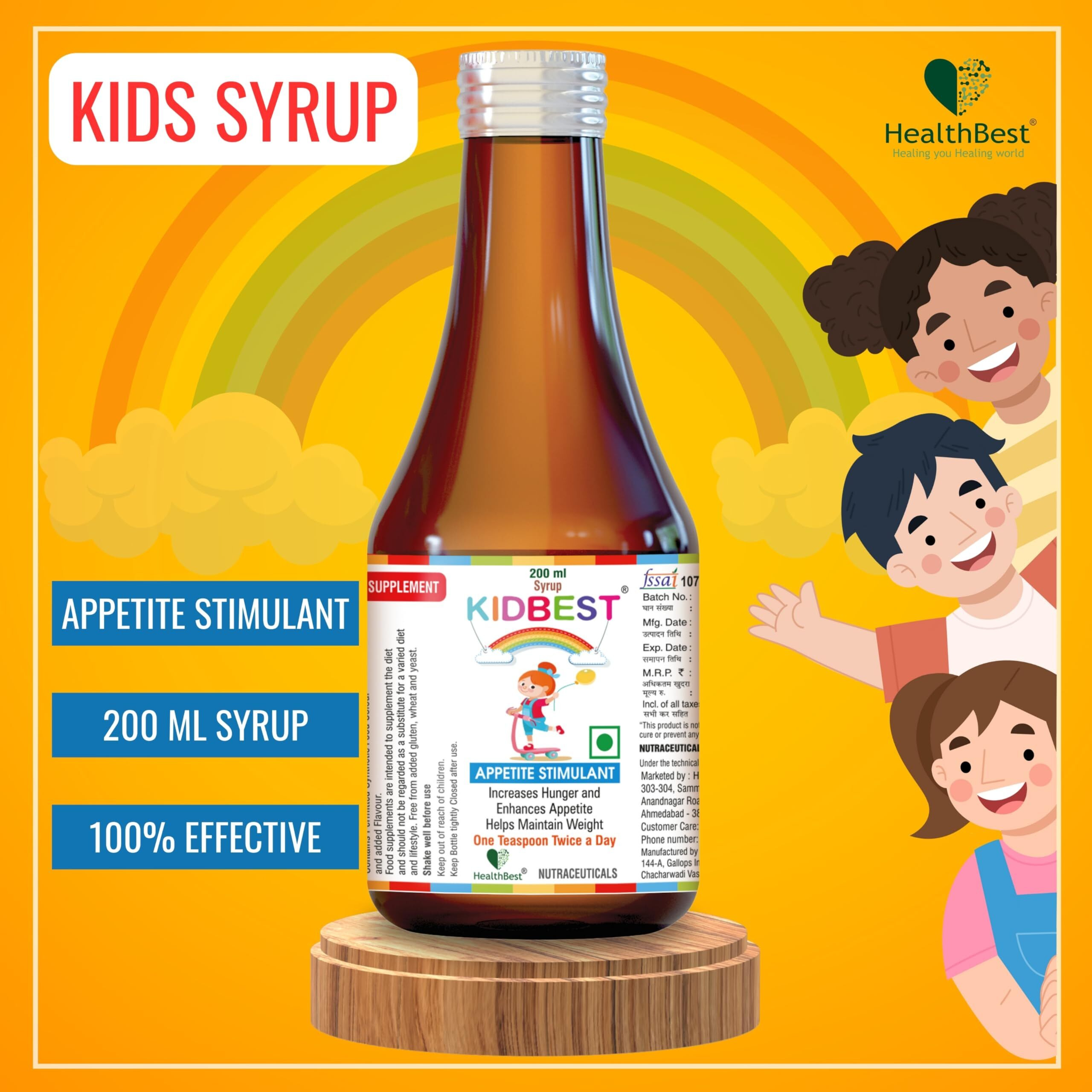 Healthbest Kidbest Appetite Stimulant Syrup For Kids| Enhances Appetite |Maintain Healthy Weight | 200Ml