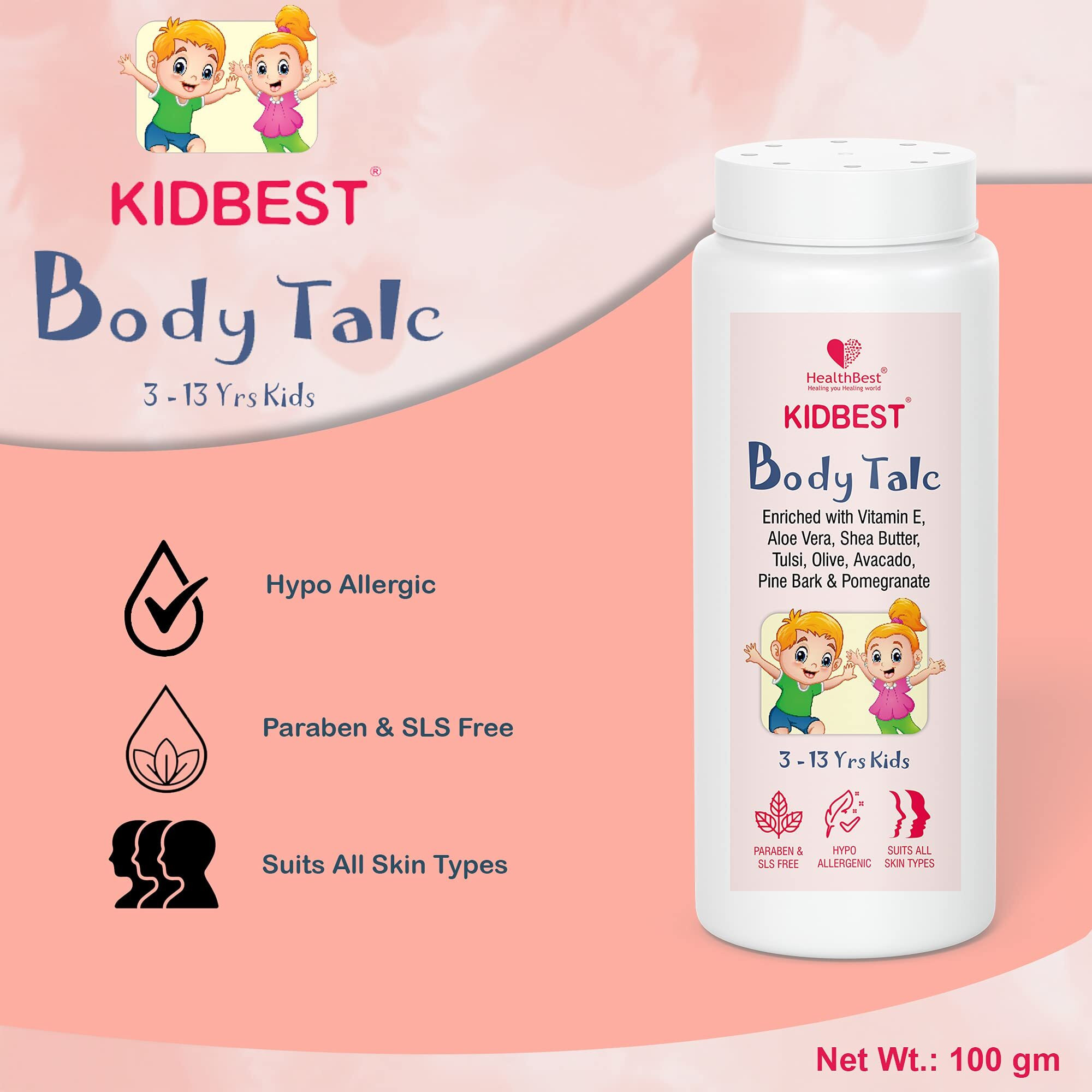 Healthbest Kids Best Body Powder | Normal Skin, Sensitive Skin & Dry Skin | Tear, Paraben, Sls Free | 100Gm