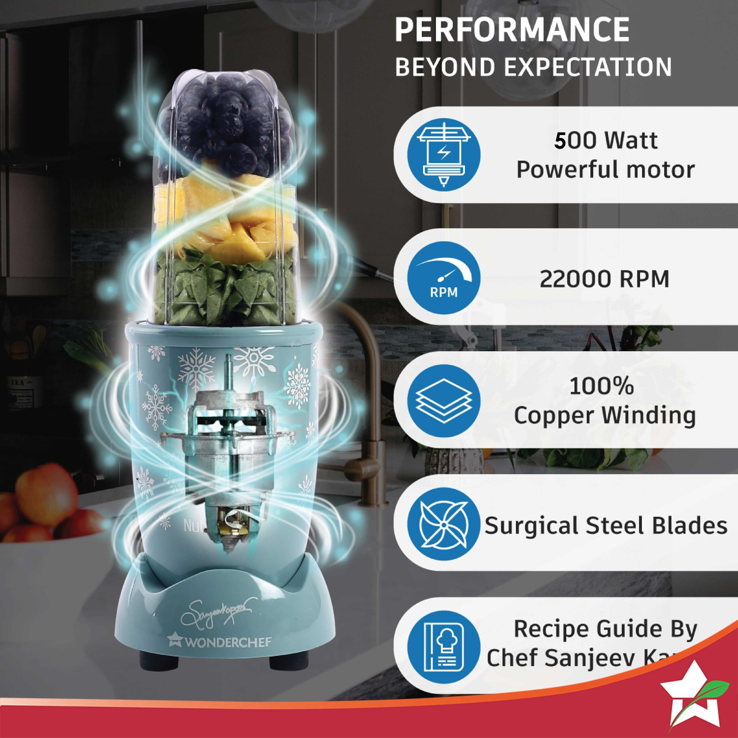 Wonderchef Nutri-Blend Snowflakes | 22000 Rpm | 100% Full Copper Motor | 2 Unbreakable Jars | Sipper Jar & Lid | Sharp Stainless-Steel Blades | 500W | 2-Year Warranty