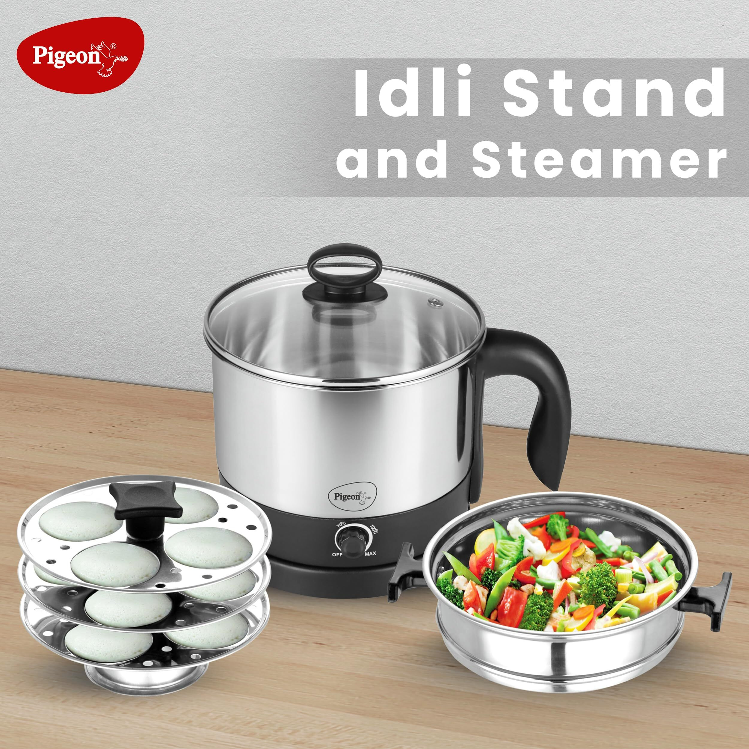 Pigeon By Stovekraft 1.5 Liters Multipurpose Kessel 3 In 1 Value Pack, Multi Cooker, Idli Stand With 3 Plates, Steamer With Stainless Steel Stand (Black & Silver)