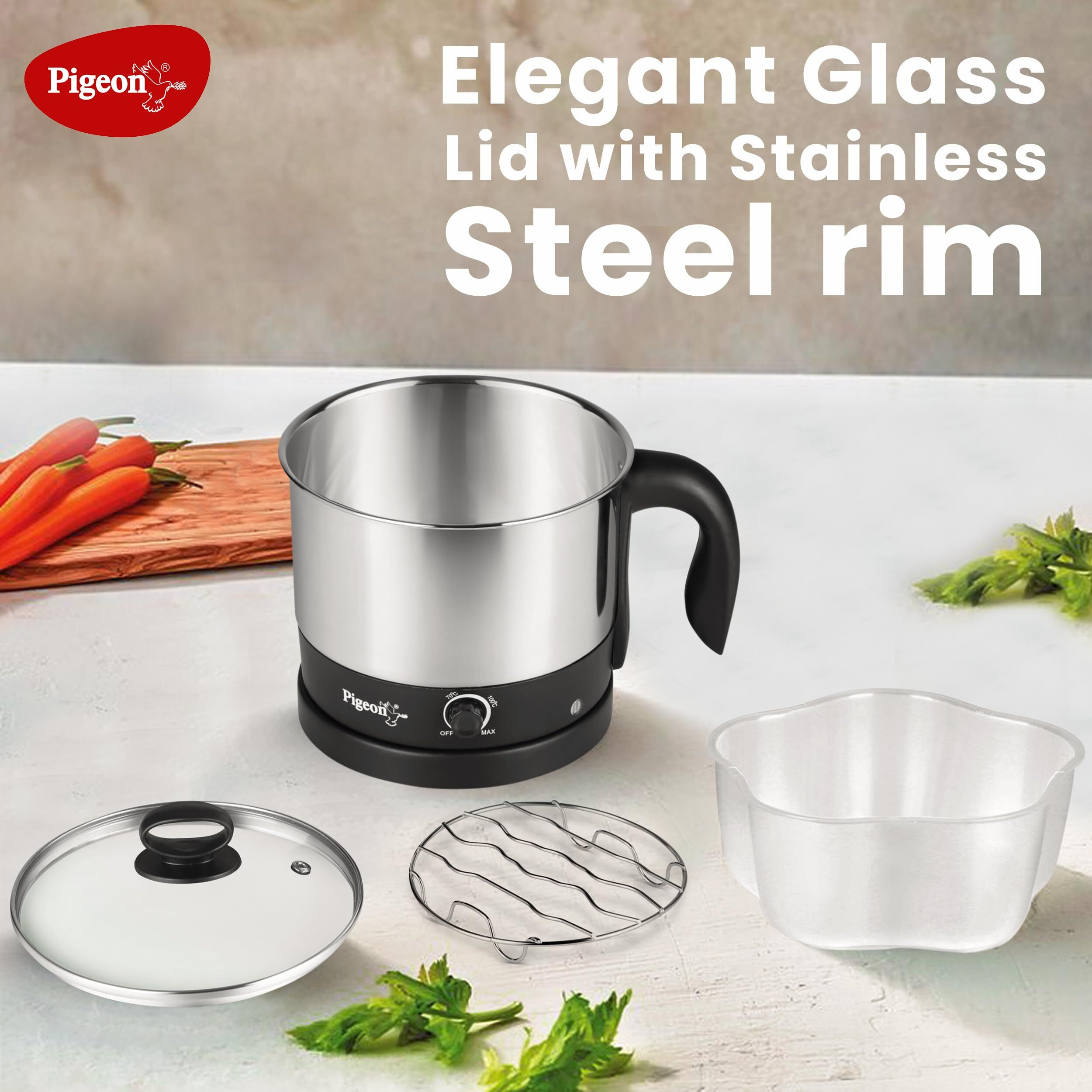 Pigeon By Stovekraft 1.5 Liters Multipurpose Kessel 3 In 1 Value Pack, Multi Cooker, Idli Stand With 3 Plates, Steamer With Stainless Steel Stand (Black & Silver)