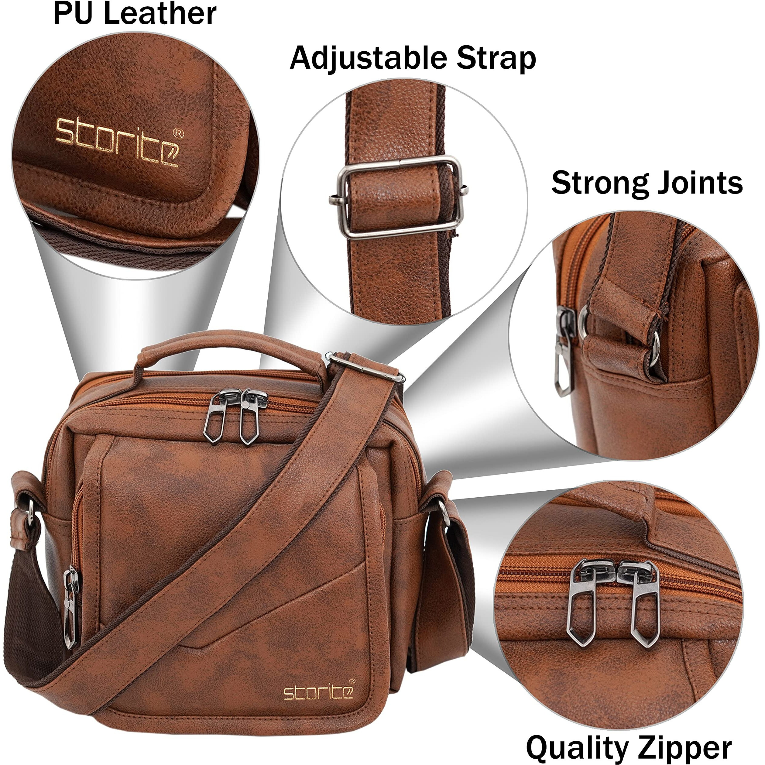 Storite Stylish Pu Leather Sling Cross Body Travel Office Messenger One Side Shoulder Bag For Men Women - Coffee Brown (23 X 10.5 X 18 Cm)