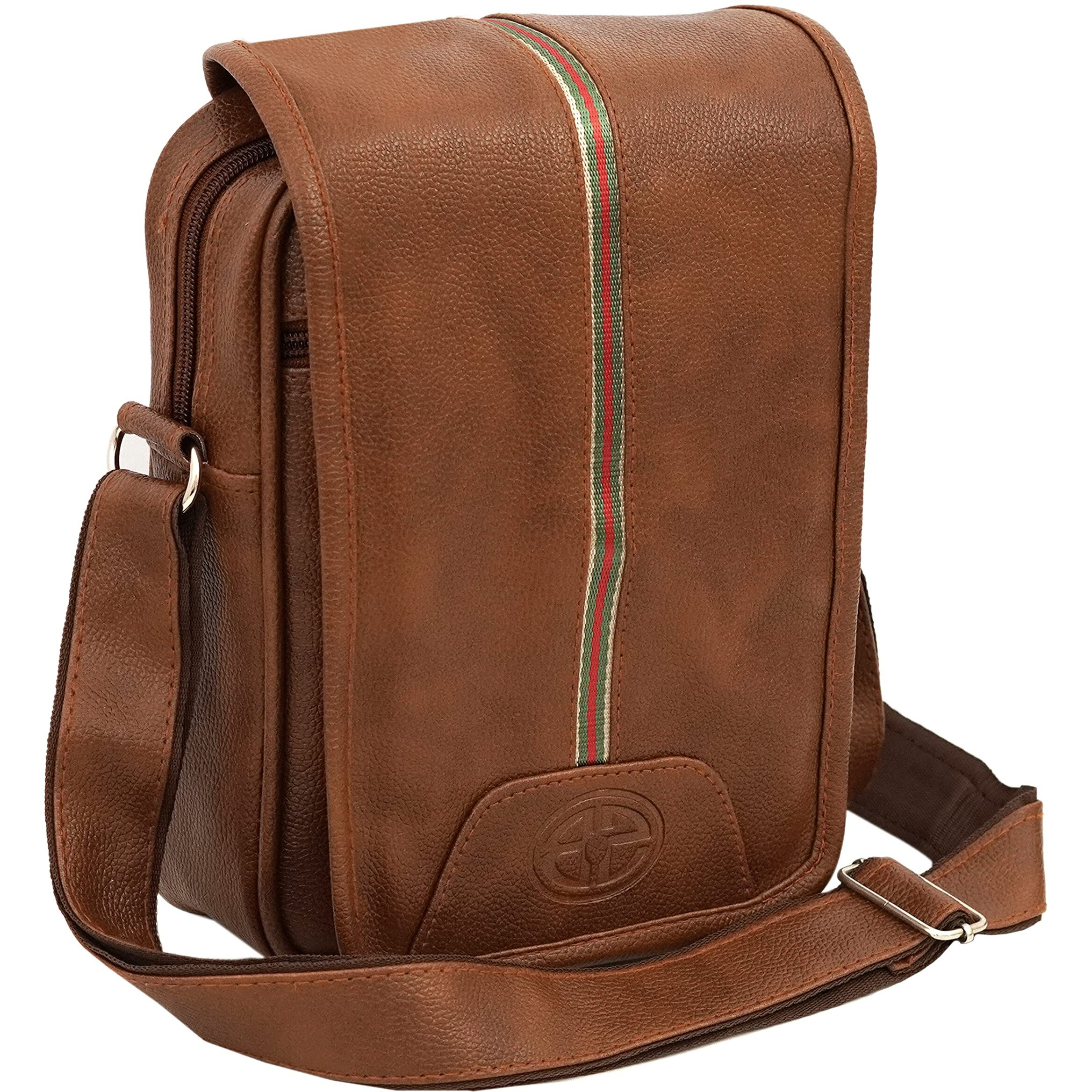 Storite Stylish Small Midddle Strip Pu Leather Sling Cross Body Travel One Side Shoulder Office Business Bag For Men & Women(18X6X25.5Cm,Coffee Brown)