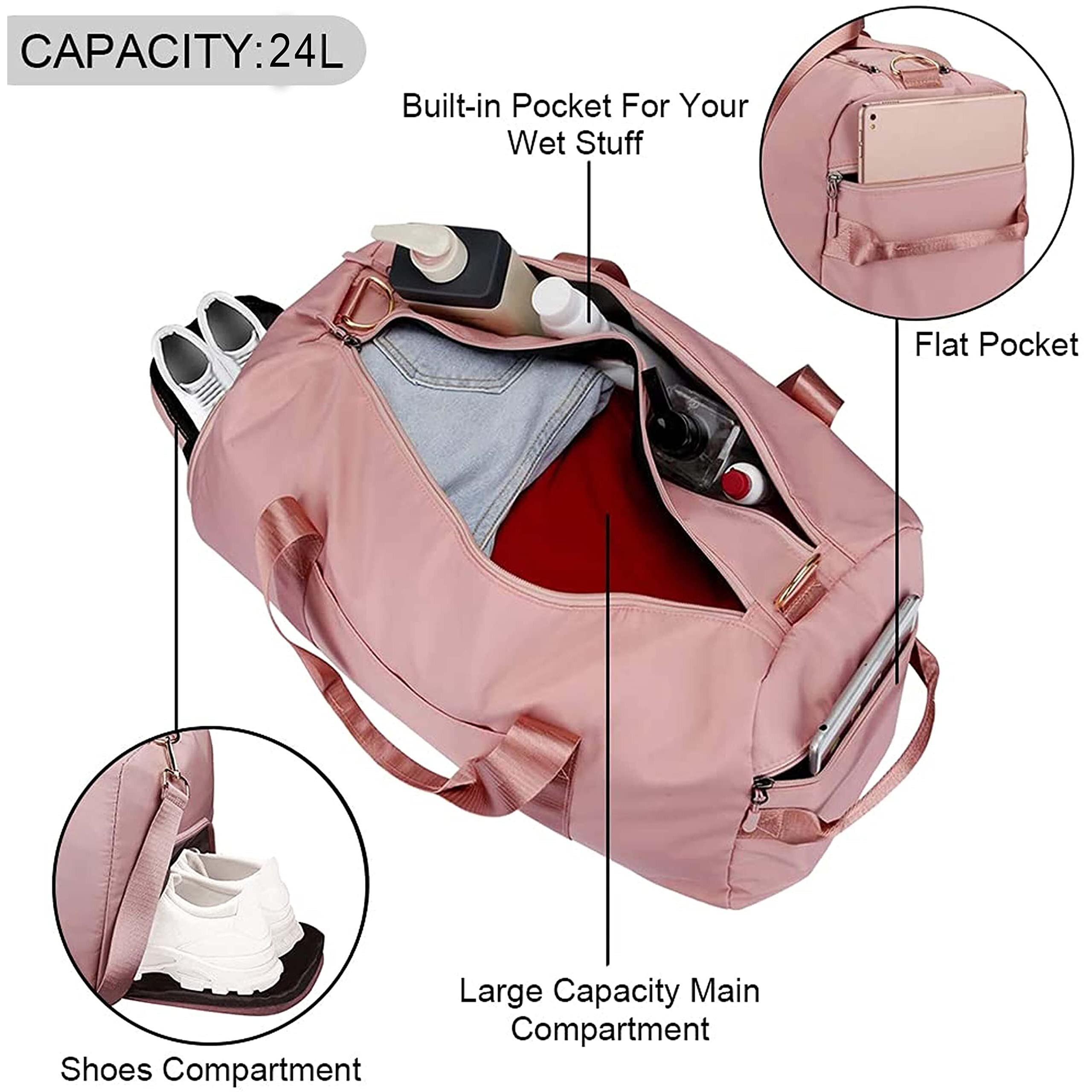 Storite Nylon 46 Cm Foldable Travel Duffel Bag, Sports Gym Duffle Bag, Shoulder Handbag For Women, Outdoor Weekend Bag With Shoe And Wet Clothes Compartments (Pink,46X23X23 Cm)