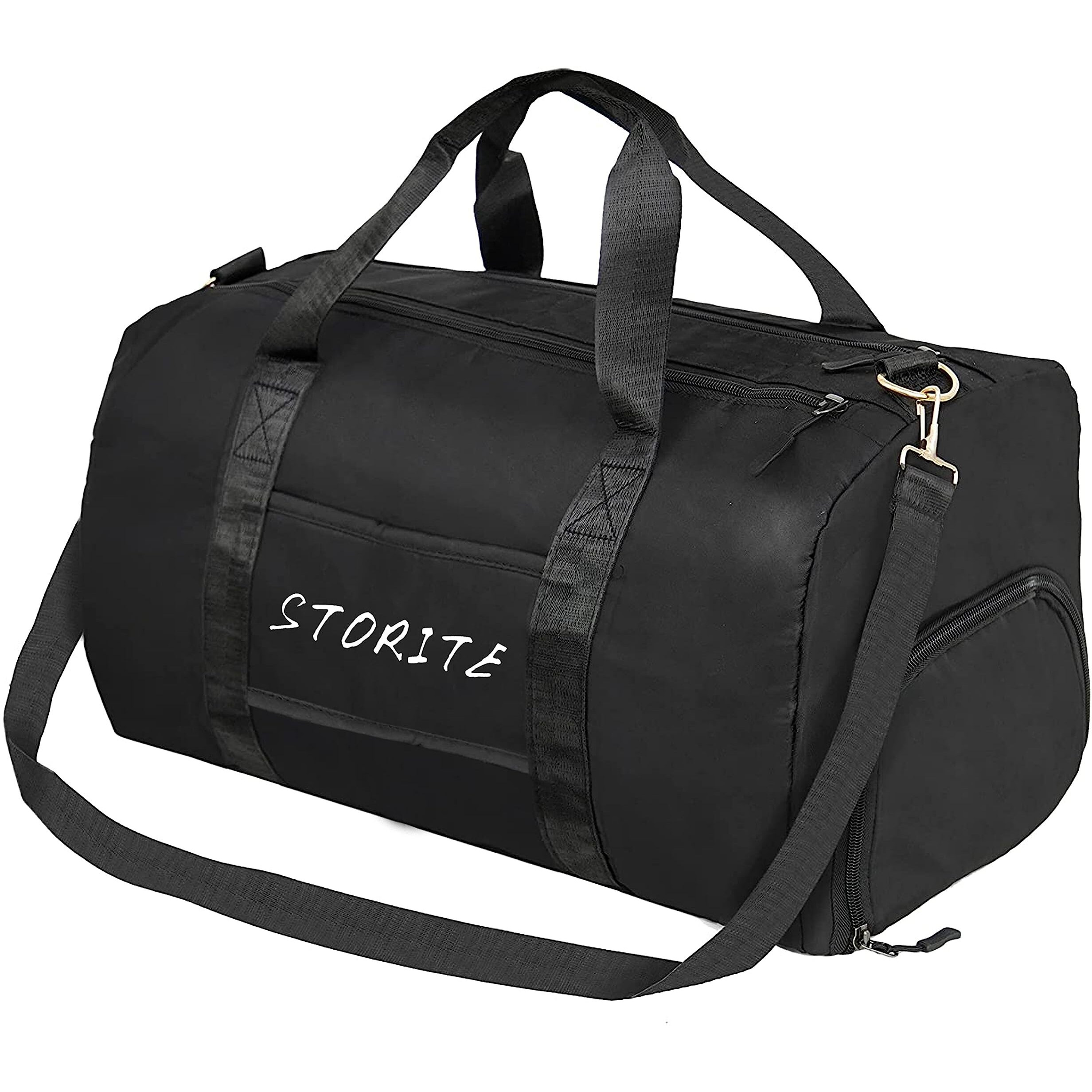 Storite Nylon 46 Cm Foldable Travel Duffel Bag, Gym Bag, Shoulder Handbag For Women, Outdoor Weekend Bag With Shoe And Wet Clothes Compartments (Pink,46X23X23 Cm) (Black)
