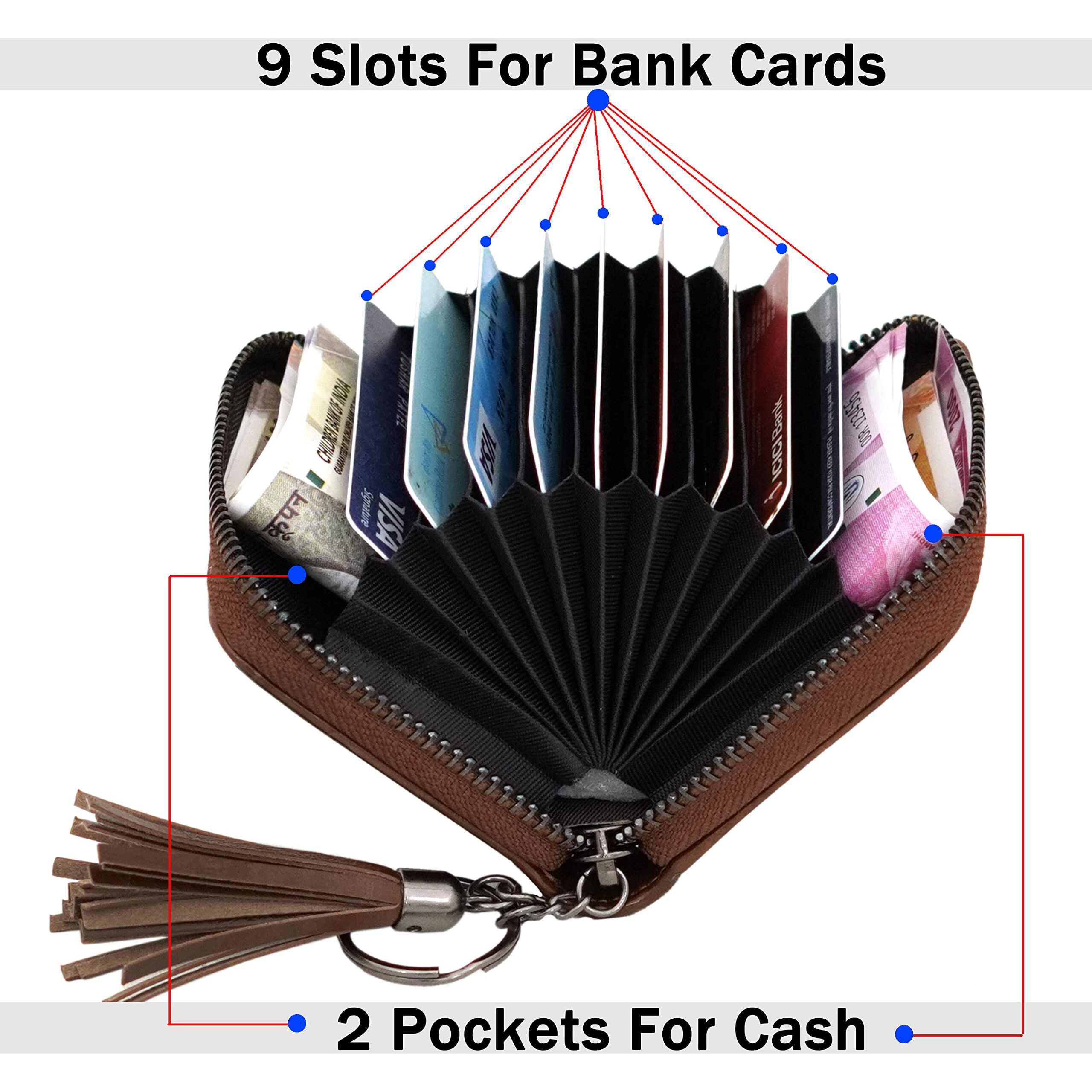 Storite 9 Slot Credit Debit Card Holder Money Wallet Zipper Coin Purse For Men Women (Brown, 10.5 X 8 X 2.5 Cm)
