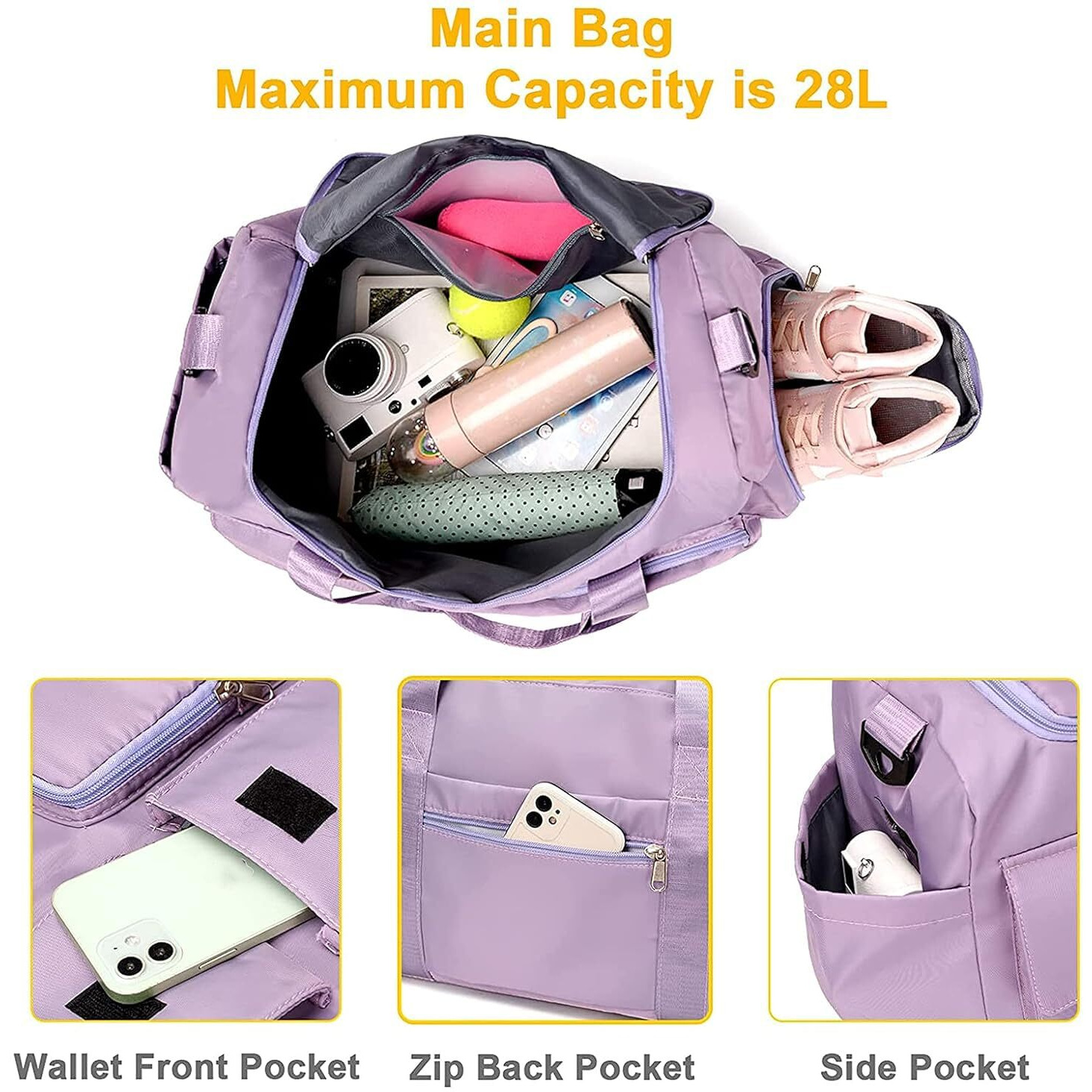 Storite Nylon 44 Cms Imported Travel Duffle Bag Sports Gym Shoulder Bag For Women With Wet Pocket & Shoe Compartment Weekender Overnight Travel Luggage Bag (Purple, 44 X 18 X 29 Cm)