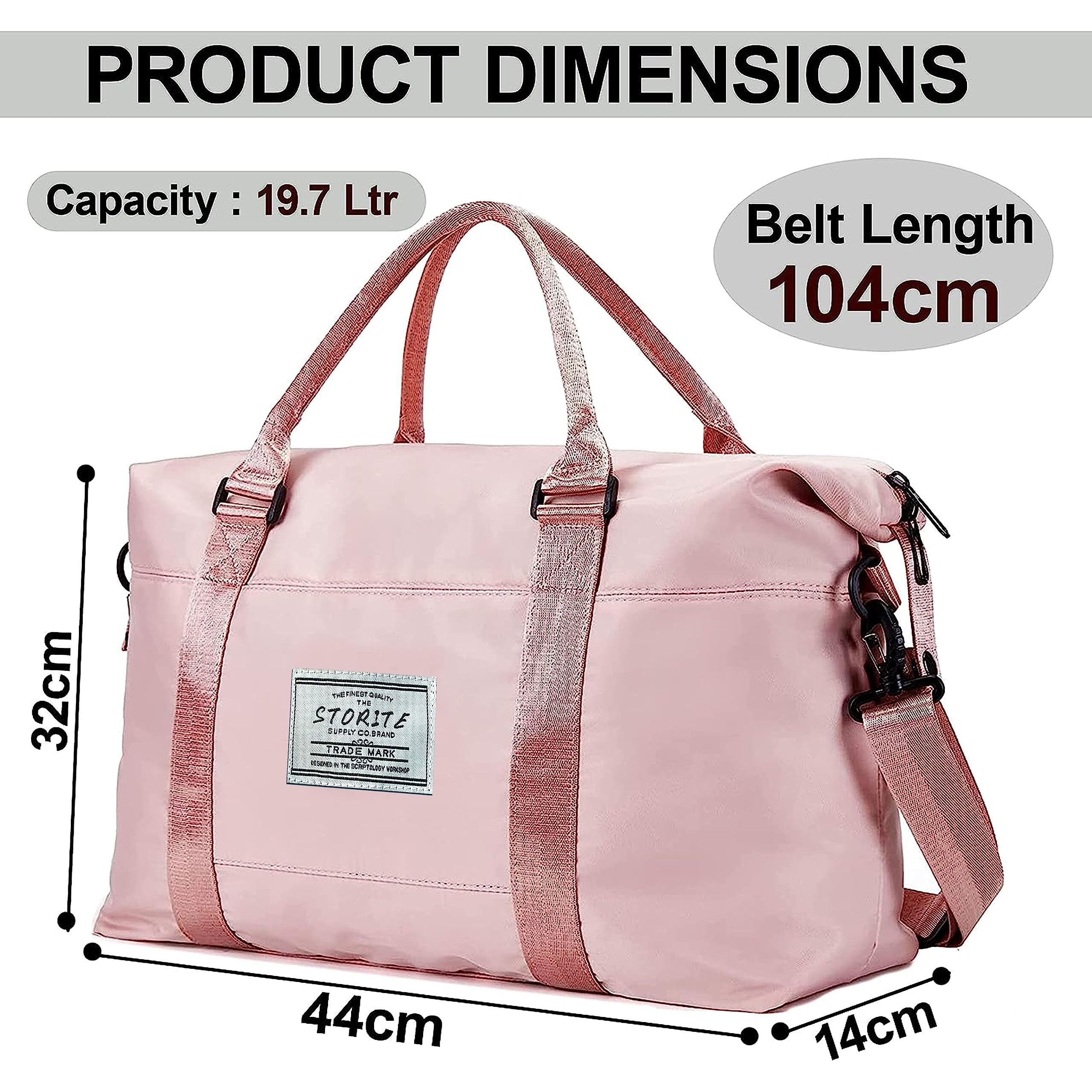 Storite Nylon 44 Cm Imported Travel Duffel Bag For Women, Sports Gym Tote Style Travel Overnight Bag With Wet Pocket Waterproof Luggage Bag (Pink,44X14X32Cm)
