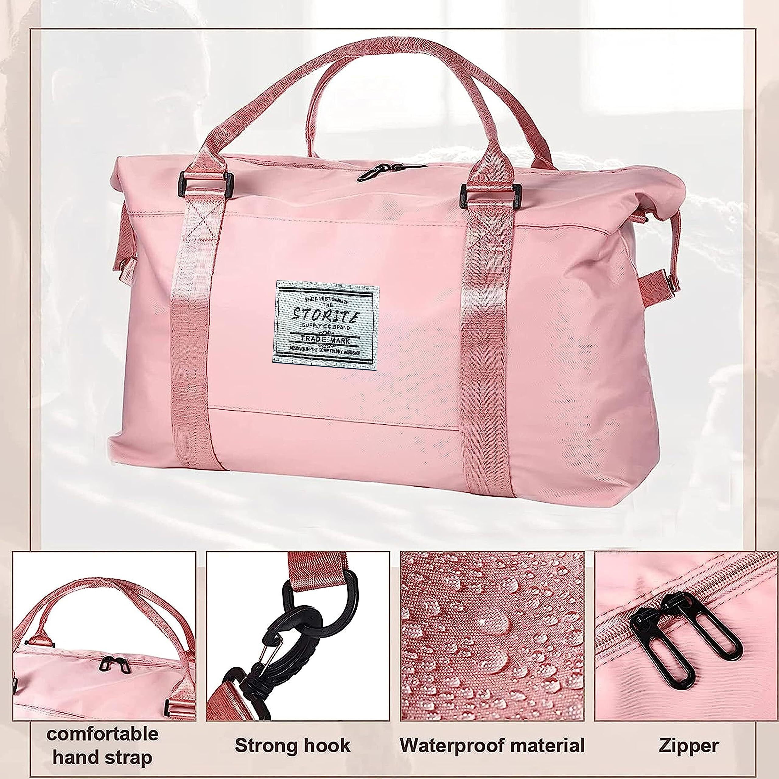 Storite Nylon 44 Cm Imported Travel Duffel Bag For Women, Sports Gym Tote Style Travel Overnight Bag With Wet Pocket Waterproof Luggage Bag (Pink,44X14X32Cm)