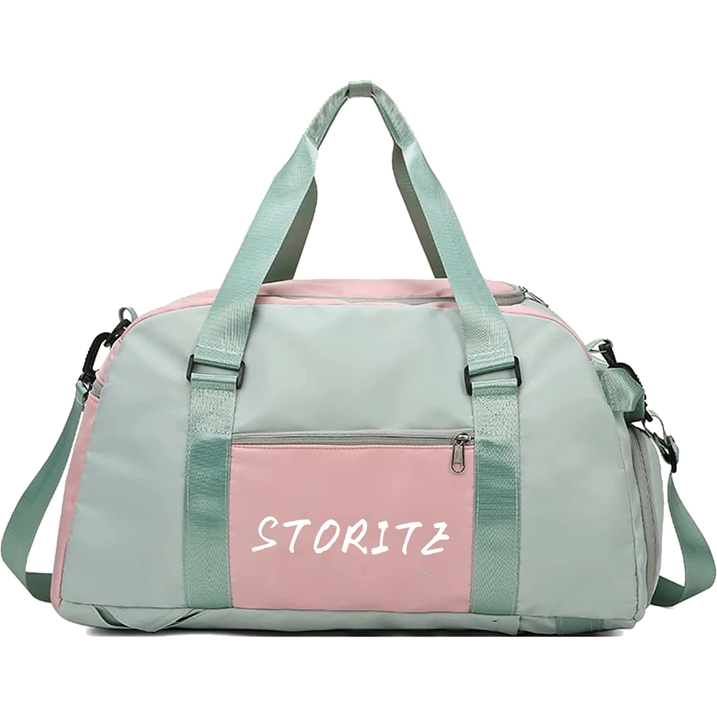 Storite Nylon 46 Cm Multi Purpose Travel Duffle Bag For Women With Dry And Wet Separate Pocket, Lightweight Waterproof Backpack Carry Luggage Bag With Shoe Compartment (Greenpink, 46X23X25 Cm)