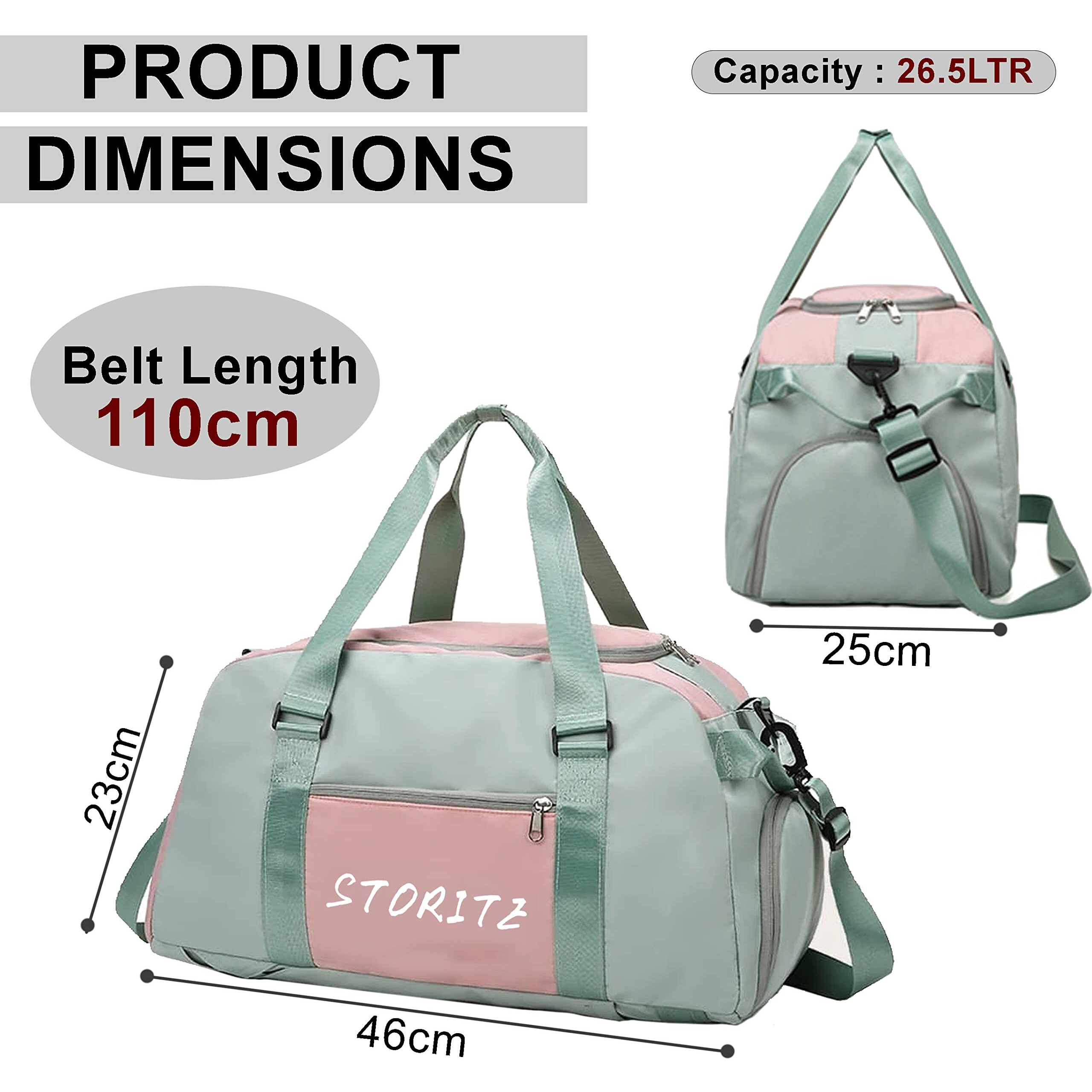 Storite Nylon 46 Cm Multi Purpose Travel Duffle Bag For Women With Dry And Wet Separate Pocket, Lightweight Waterproof Backpack Carry Luggage Bag With Shoe Compartment (Greenpink, 46X23X25 Cm)