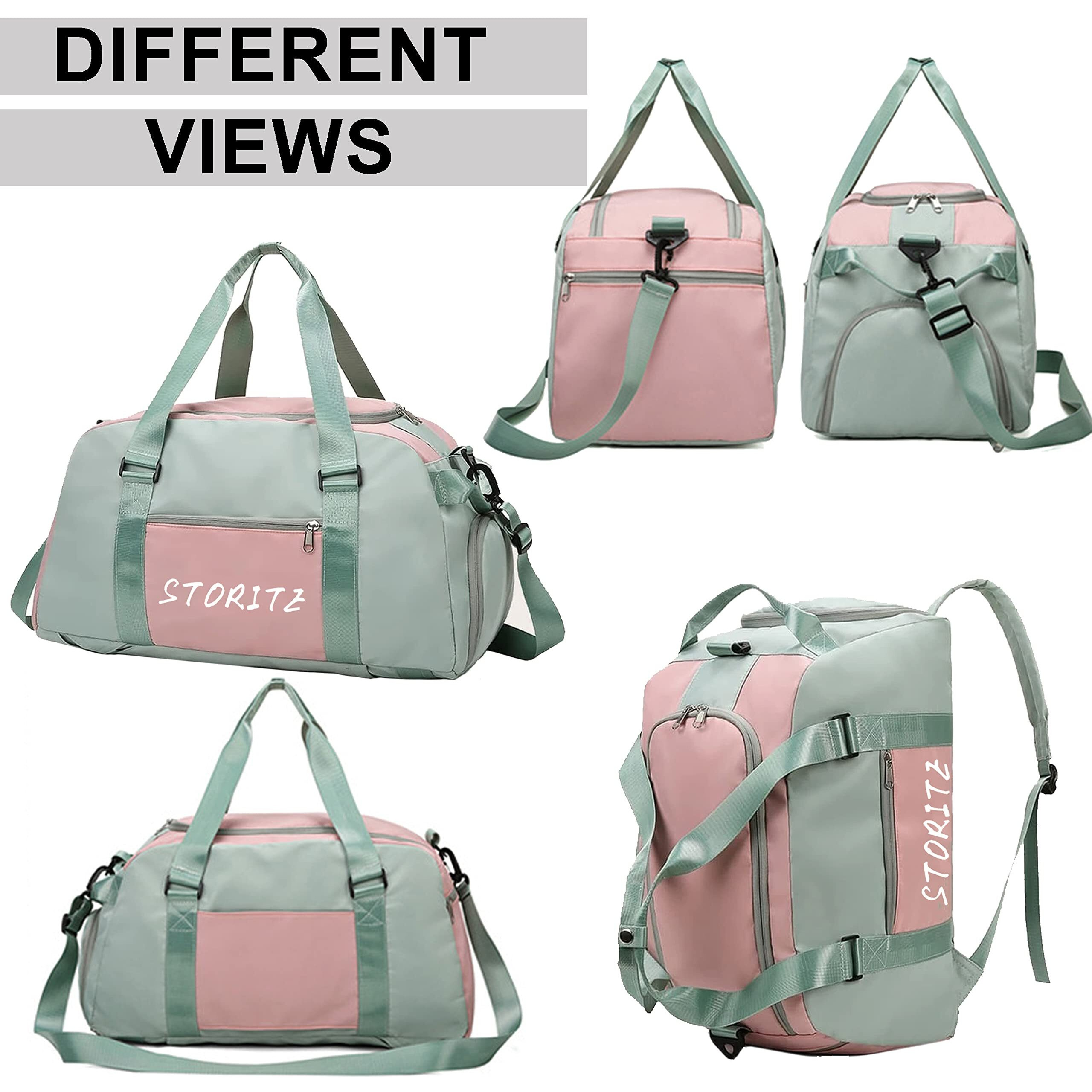 Storite Nylon 46 Cm Multi Purpose Travel Duffle Bag For Women With Dry And Wet Separate Pocket, Lightweight Waterproof Backpack Carry Luggage Bag With Shoe Compartment (Greenpink, 46X23X25 Cm)