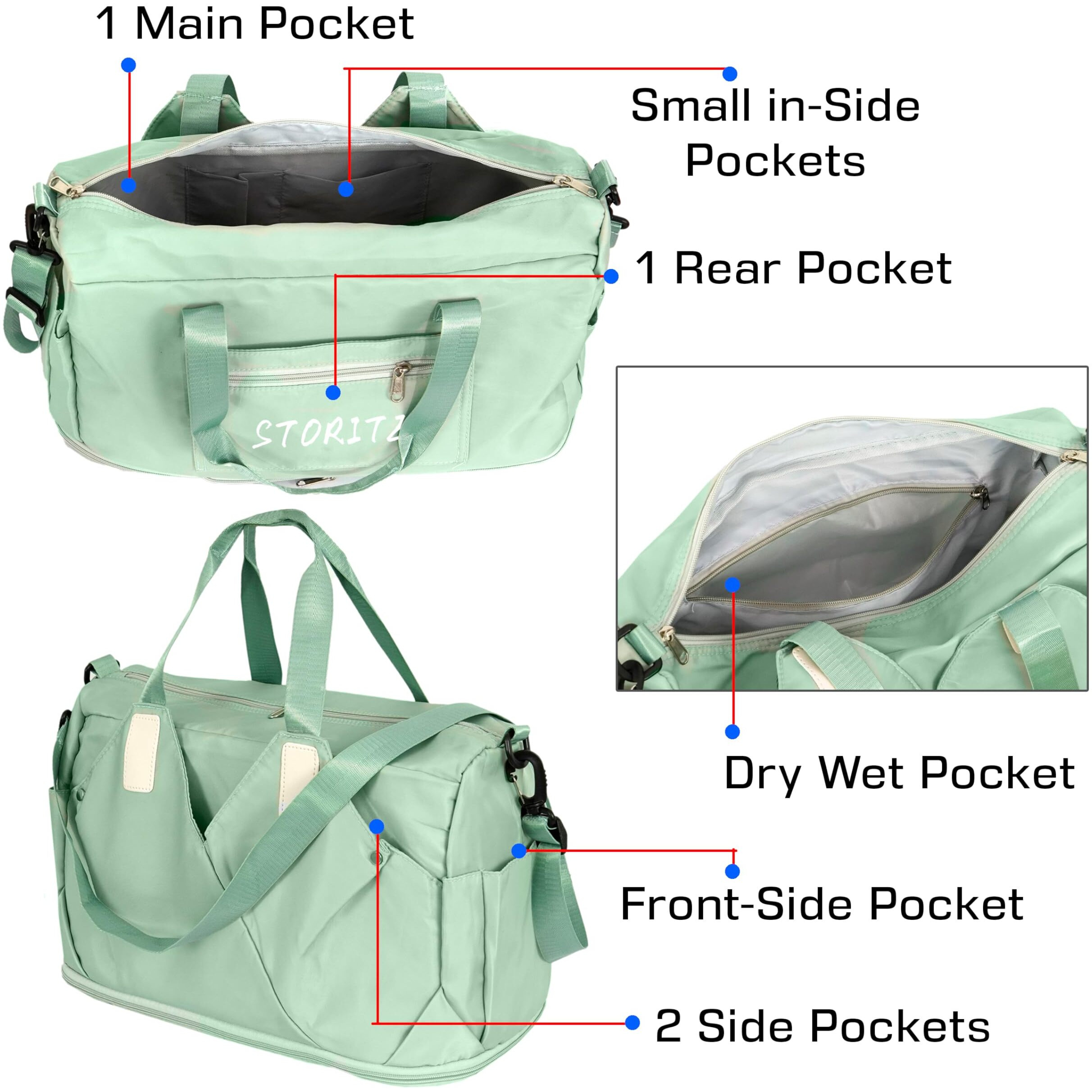 Storite Nylon 44 Cm Imported Travel Duffle Bag For Women, Wet Separated Gym Tote Style Bag Expandable Travel Overnight Luggage Bag For Men Women Waterproof Sport Bag (Green,44 X 20 X 33 Cm)