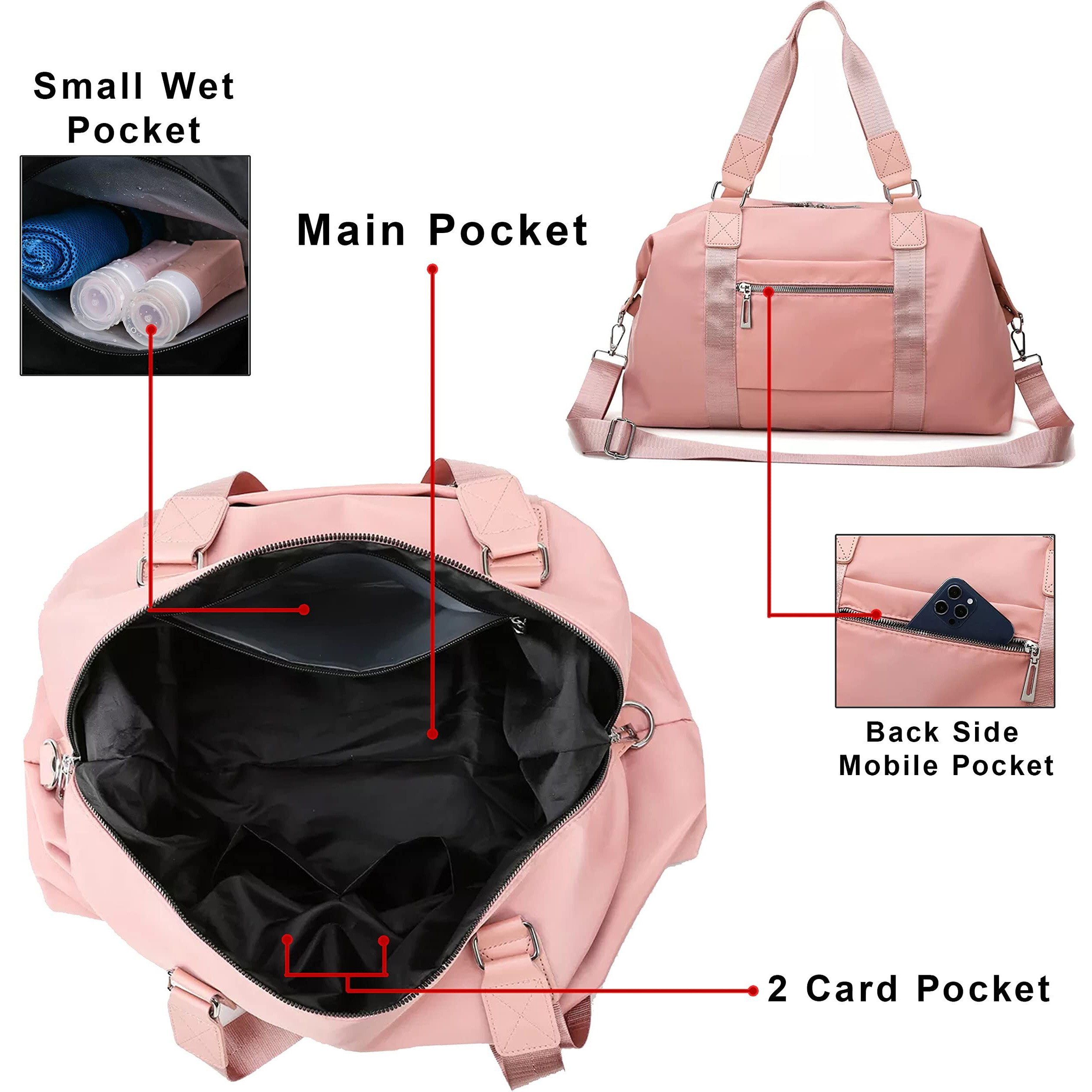 Storite Nylon 47 Cm Travel Duffle Bag, Sports Shoulder Bag For Women With Wet Pocket Weekender Overnight Luggage Bag - (Pink, 47 X 16 X 30 Cm)