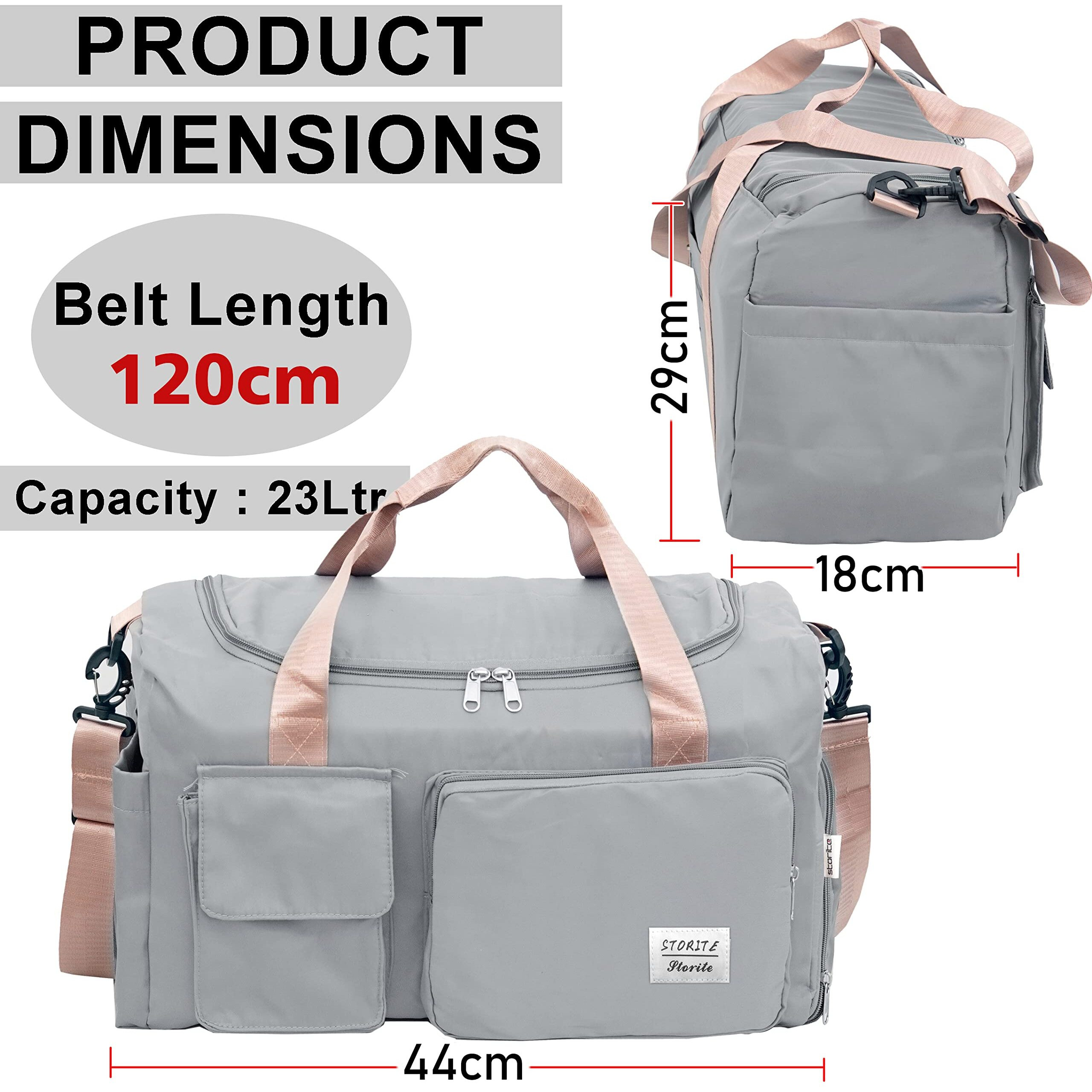 Storite Nylon 44 Cms Imported Travel Duffle Bag Sports Gym Shoulder Bag For Women With Wet Pocket & Shoe Compartment Weekender Overnight Travel Luggage Bag (Grey, 44 X 18 X 29 Cm)