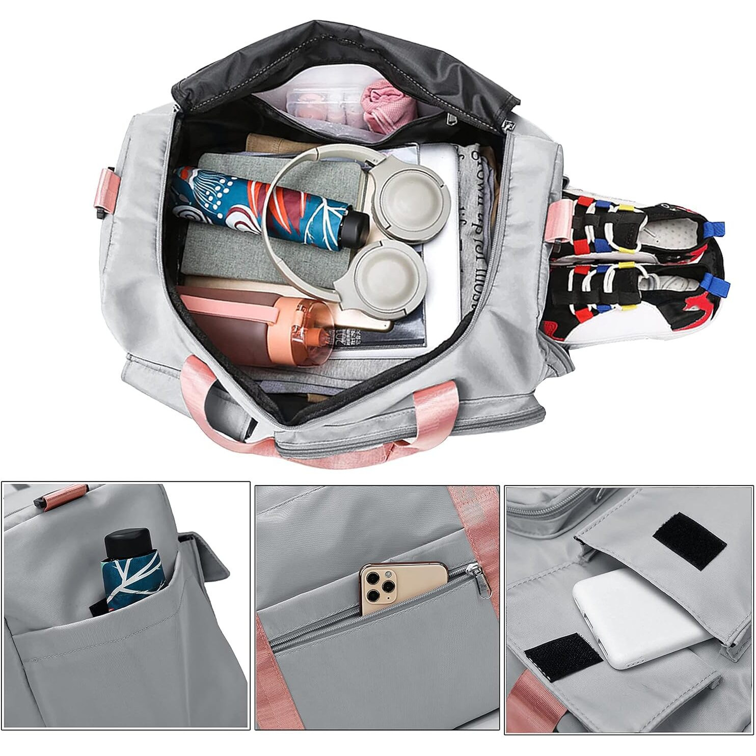 Storite Nylon 44 Cms Imported Travel Duffle Bag Sports Gym Shoulder Bag For Women With Wet Pocket & Shoe Compartment Weekender Overnight Travel Luggage Bag (Grey, 44 X 18 X 29 Cm)