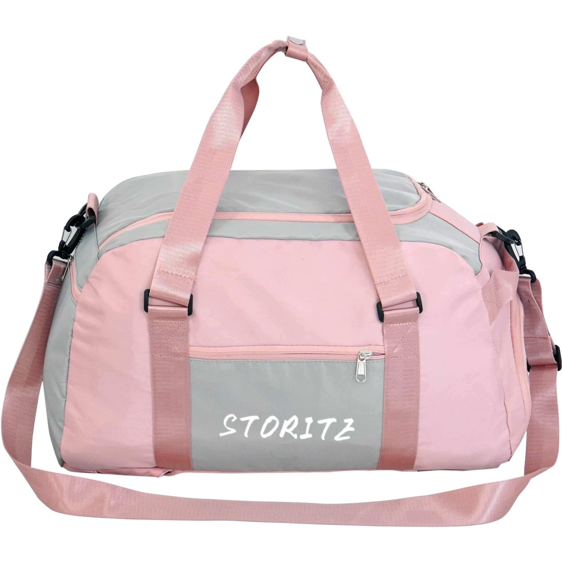 Storite Nylon 46 Cm Multi Purpose Travel Duffle Bag With Dry And Wet Separate Pocket, Lightweight Waterproof Backpack Carry Luggage Bag With Shoe Compartment (Pinkgrey, 46X27X24 Cm), 25 Centimeters