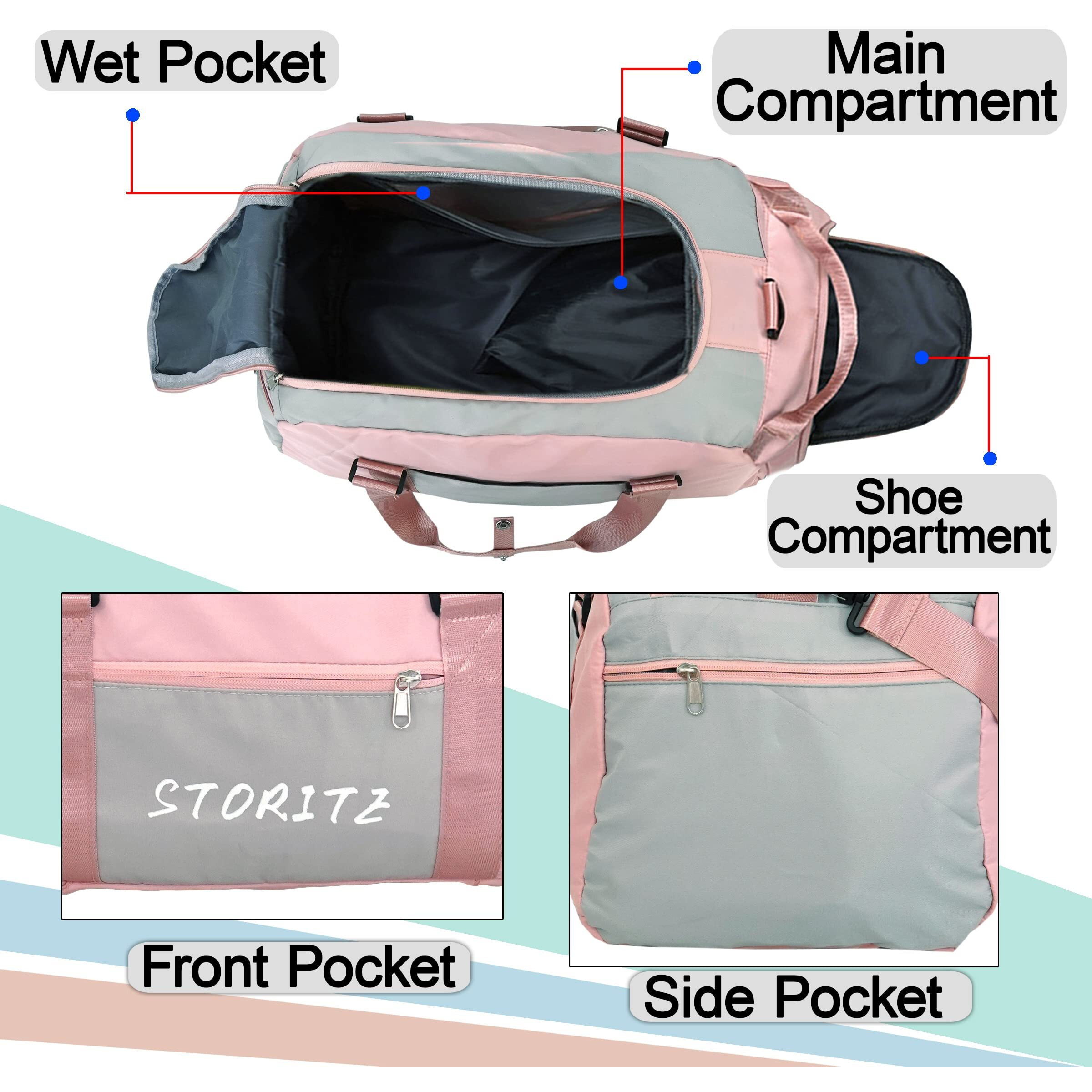 Storite Nylon 46 Cm Multi Purpose Travel Duffle Bag With Dry And Wet Separate Pocket, Lightweight Waterproof Backpack Carry Luggage Bag With Shoe Compartment (Pinkgrey, 46X27X24 Cm), 25 Centimeters