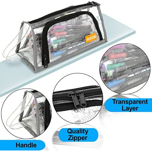 Storite Large Capacity Transparent Pencil Cases Bag With Handle, Portable Pen Pencil Bag, Case Cute Stationery Organizer Bag With Zipper For Students (24 X 11 X 12 Cm) (Transparent)