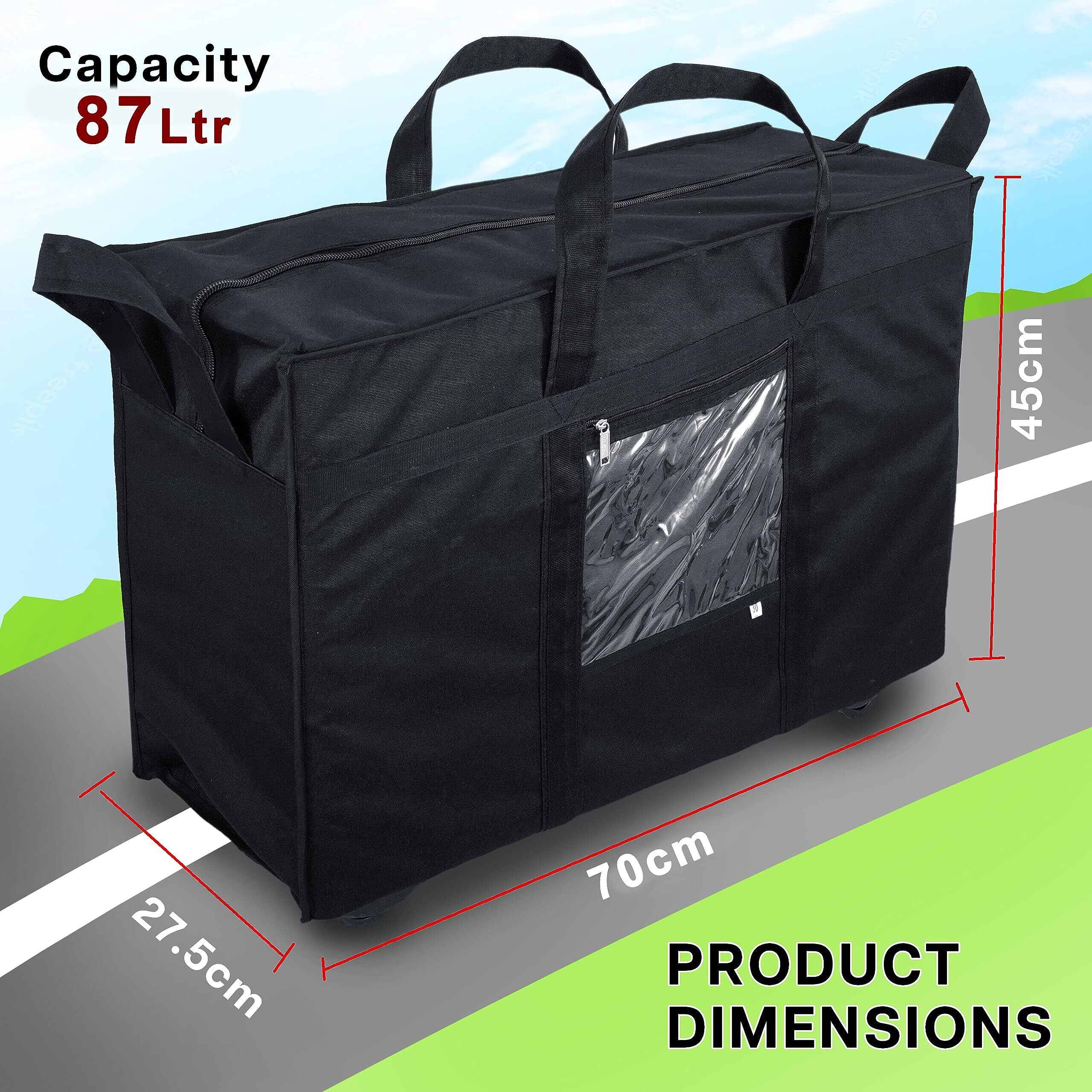 Storite Nylon 70 Cm Large Travel Duffle Bag Luggage Storage Trolley Bag Luggage Bag For Travel With Five Wheels & Front Transparent Pocket (Black, 70 X 27.5 X 45 Cm)