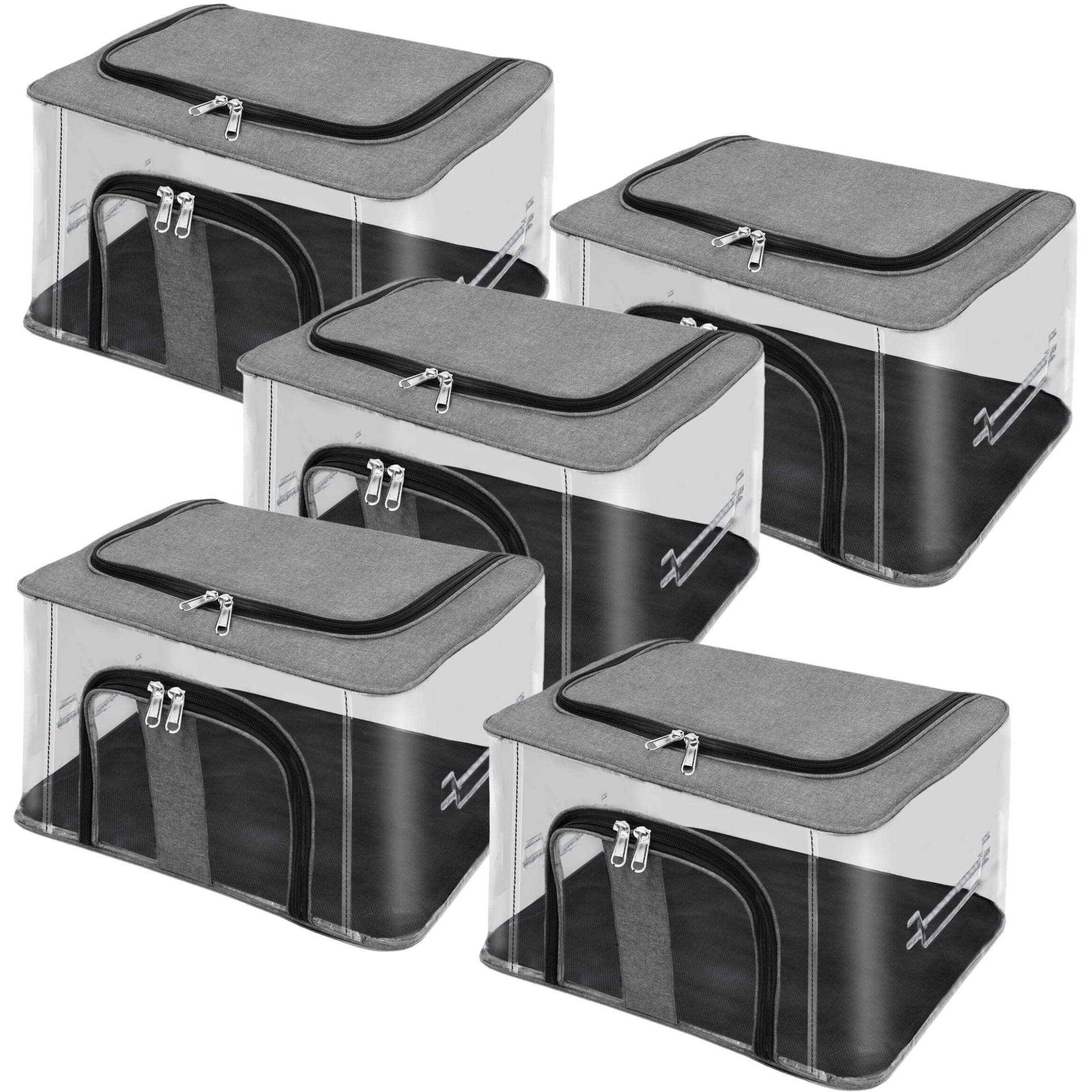 Storite 5 Pack Nylon 33 L Pvc Transparent Moisture Proof Storage Box For Clothes Closet Wardrobe Organizer For Clothes Saree Bags With Carry Handle - (Grey, 44 X 31 X 24 Cm)