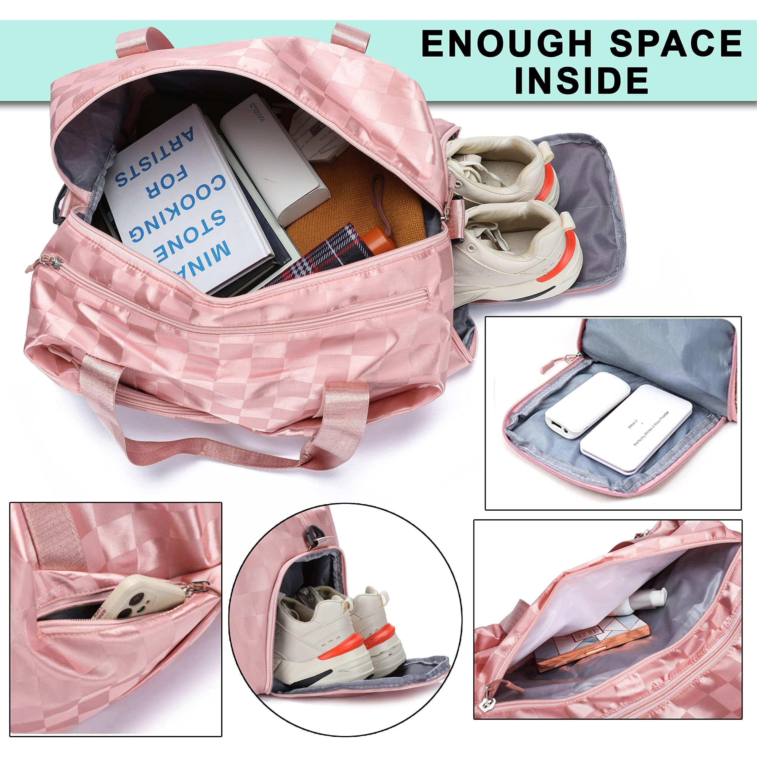 Storite Nylon 41 Cm Travel Duffle Bag For Women Foldable Sports Gym Shoulder Handbag Carry Weekender Overnight Luggage Bag With Shoe And Wet Clothes Compartments (Pink,41X25X23 Cm)