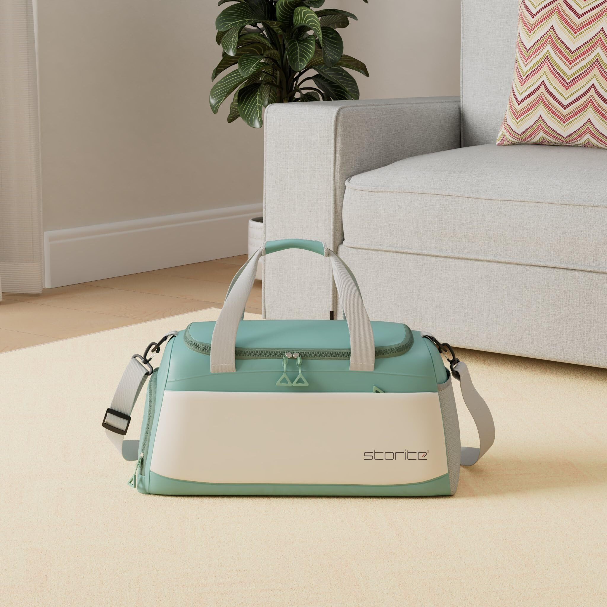 Storite Nylon 51 Cms Imported Travel Duffle Bag Multi- Pocket Sports Shoulder Bag For Women With Wet Pocket & Shoe Compartment Weekender Overnight Travel Luggage Bag (Green/White - 51X22X26 Cm)