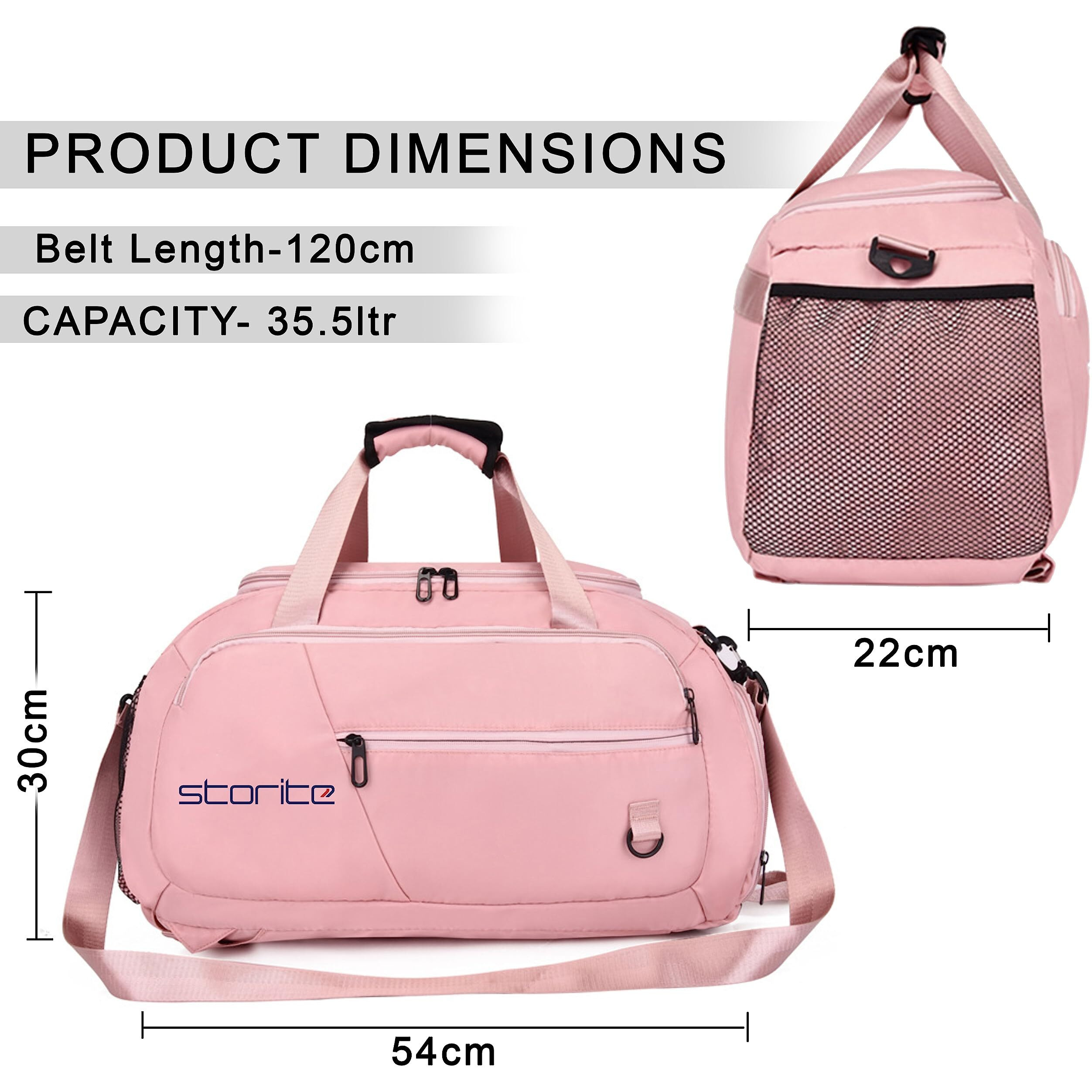 Storite Nylon 54 Cm Imported Multi Purpose Travel Duffle Bag For Women With Dry And Wet Separate Pocket, Lightweight Waterproof Backpack Carry Luggage Bag With Shoe Compartment (Pink,54X30X22 Cm)