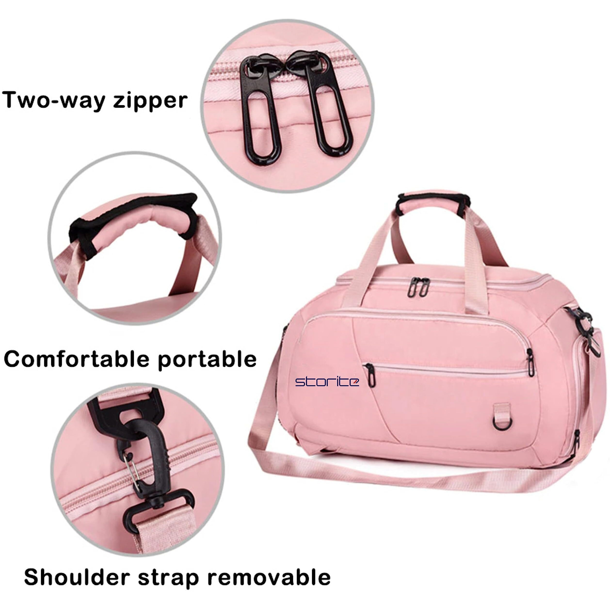 Storite Nylon 54 Cm Imported Multi Purpose Travel Duffle Bag For Women With Dry And Wet Separate Pocket, Lightweight Waterproof Backpack Carry Luggage Bag With Shoe Compartment (Pink,54X30X22 Cm)