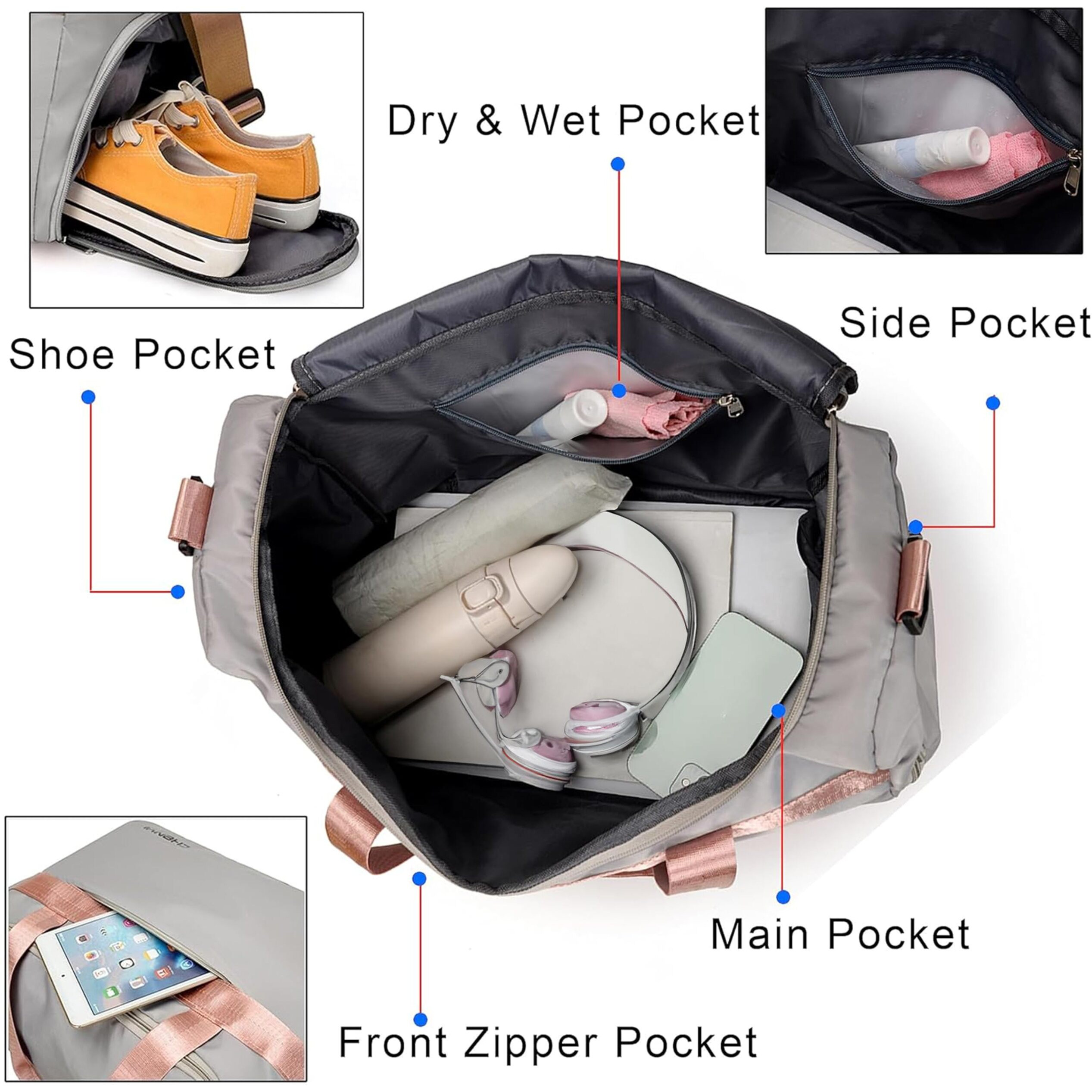 Storite Nylon 44 Cm Imported Travel Duffle Bag For Women Sports Gym Shoulder Bag With Shoe Compartment Weekender Overnight Travel Luggage Bag (Grey - 44X28X20 Cm)