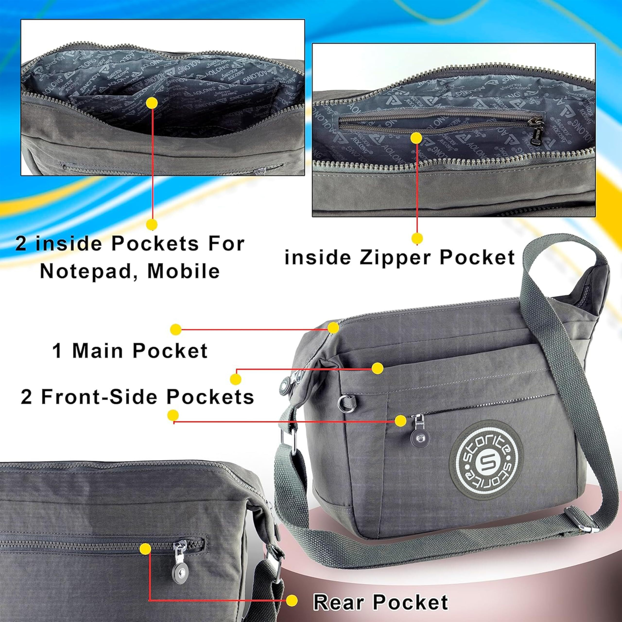 Storite Portable Nylon Stylish Small 6 Multi-Pocket Zip Closure Sling Cross Body Travel Messenger One Side Shoulder Bag For Men & Women - Grey (27 X 10.5 X 23 Cm)