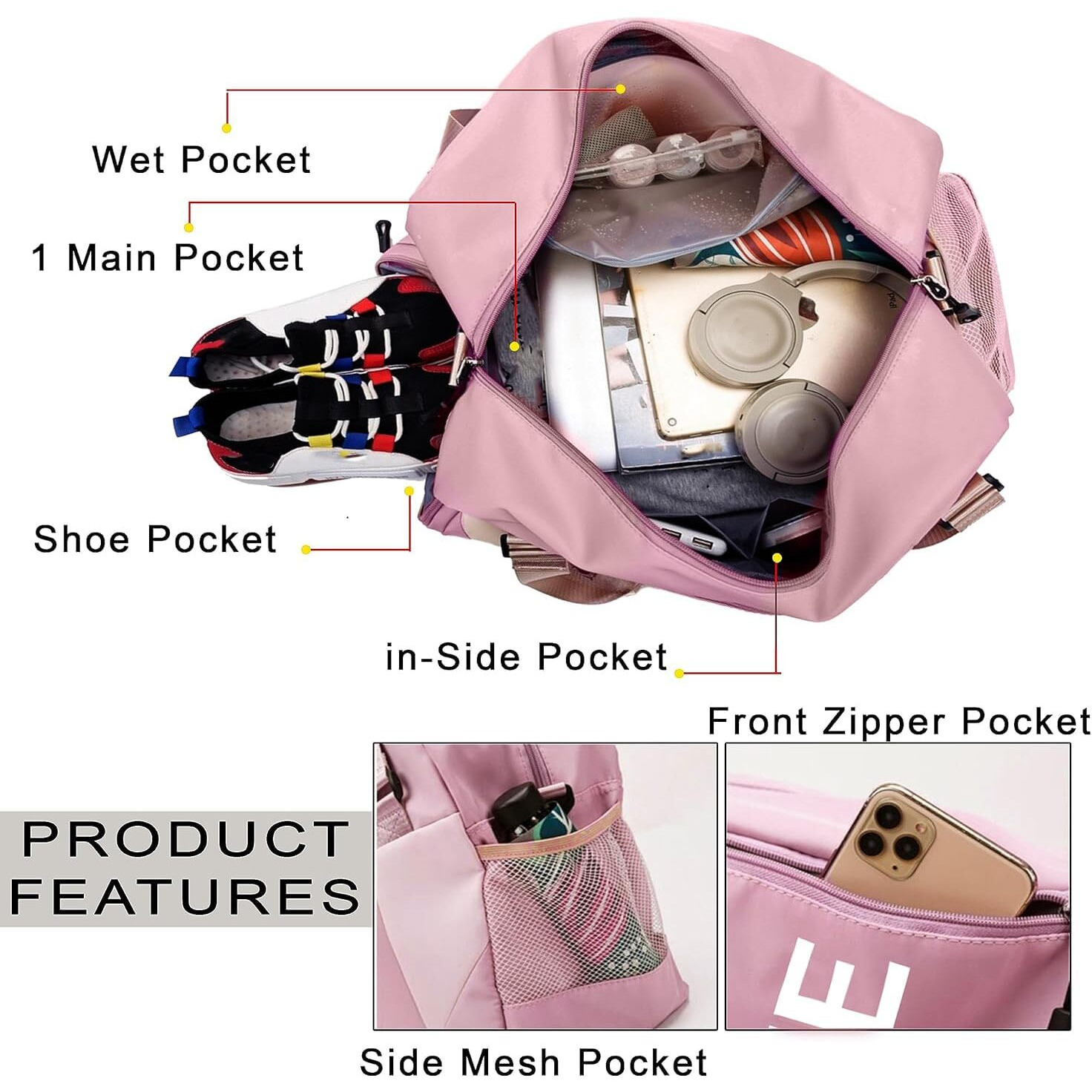 Storite Nylon 47 Cm Imported Travel Duffle Bag, Sports Shoulder Bag For Women With Wet Pocket & Shoe Compartment Weekender Overnight Luggage Bag (Pink,47X20X28 Cm)