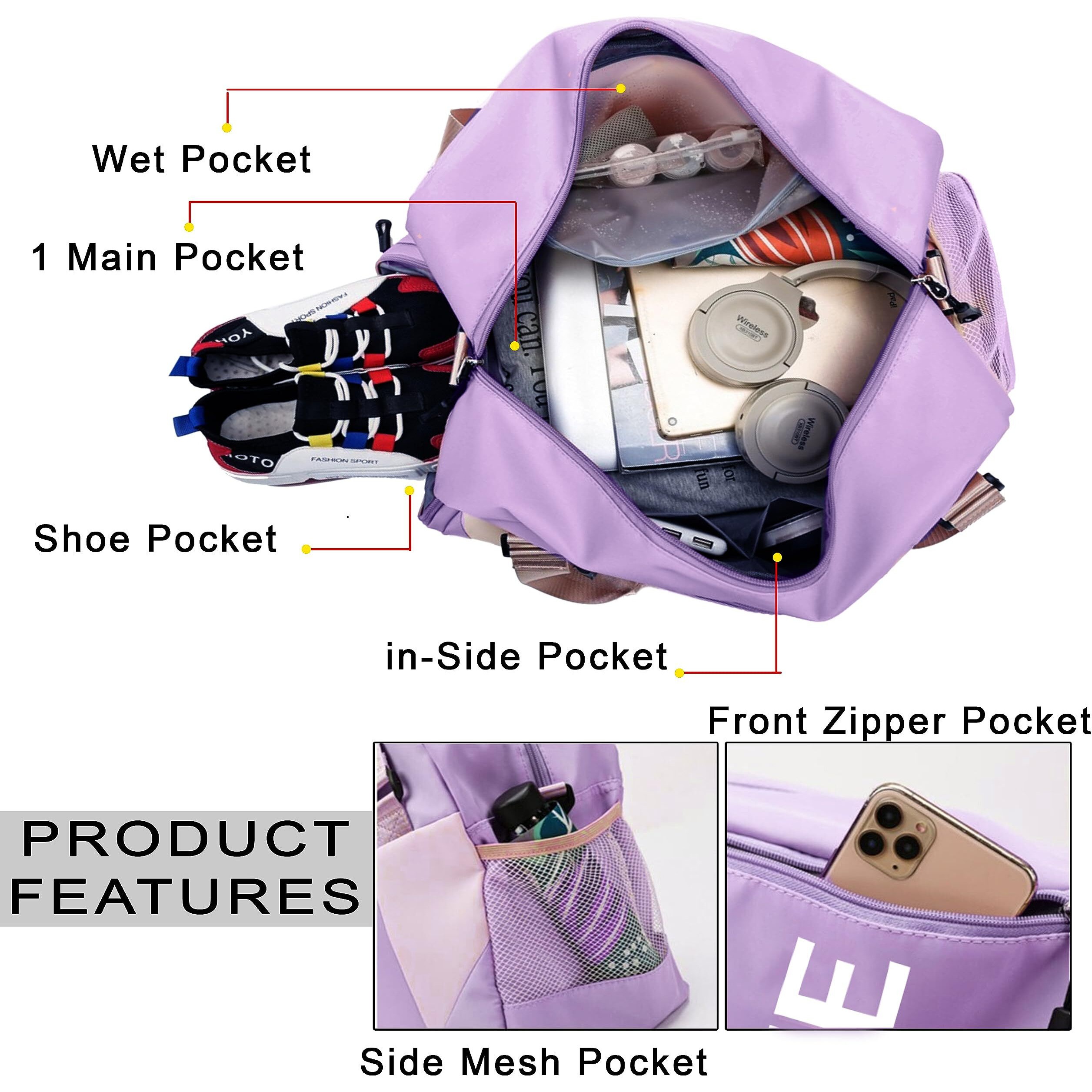 Storite Nylon 47 Cm Imported Travel Duffle Bag, Sports Shoulder Bag For Women With Wet Pocket & Shoe Compartment Weekender Overnight Luggage Bag (Purple,47X20X28 Cm)