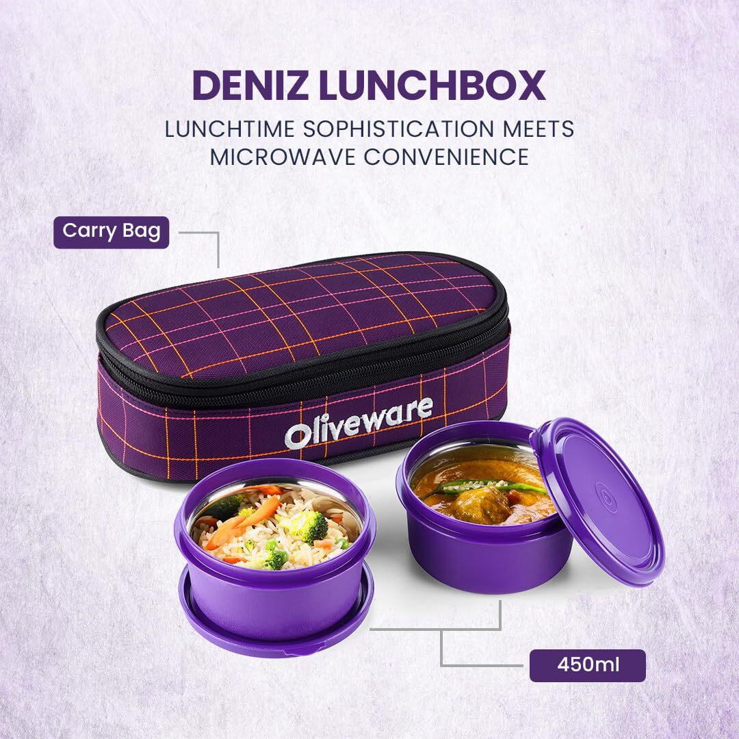 Oliveware Deniz Lunch Box, 2 Inner Steel Containers (450 Ml Each), Leak Proof & Microwave Safe, Insulated Fabric Bag, Full Meal & Easy To Carry (Violet)