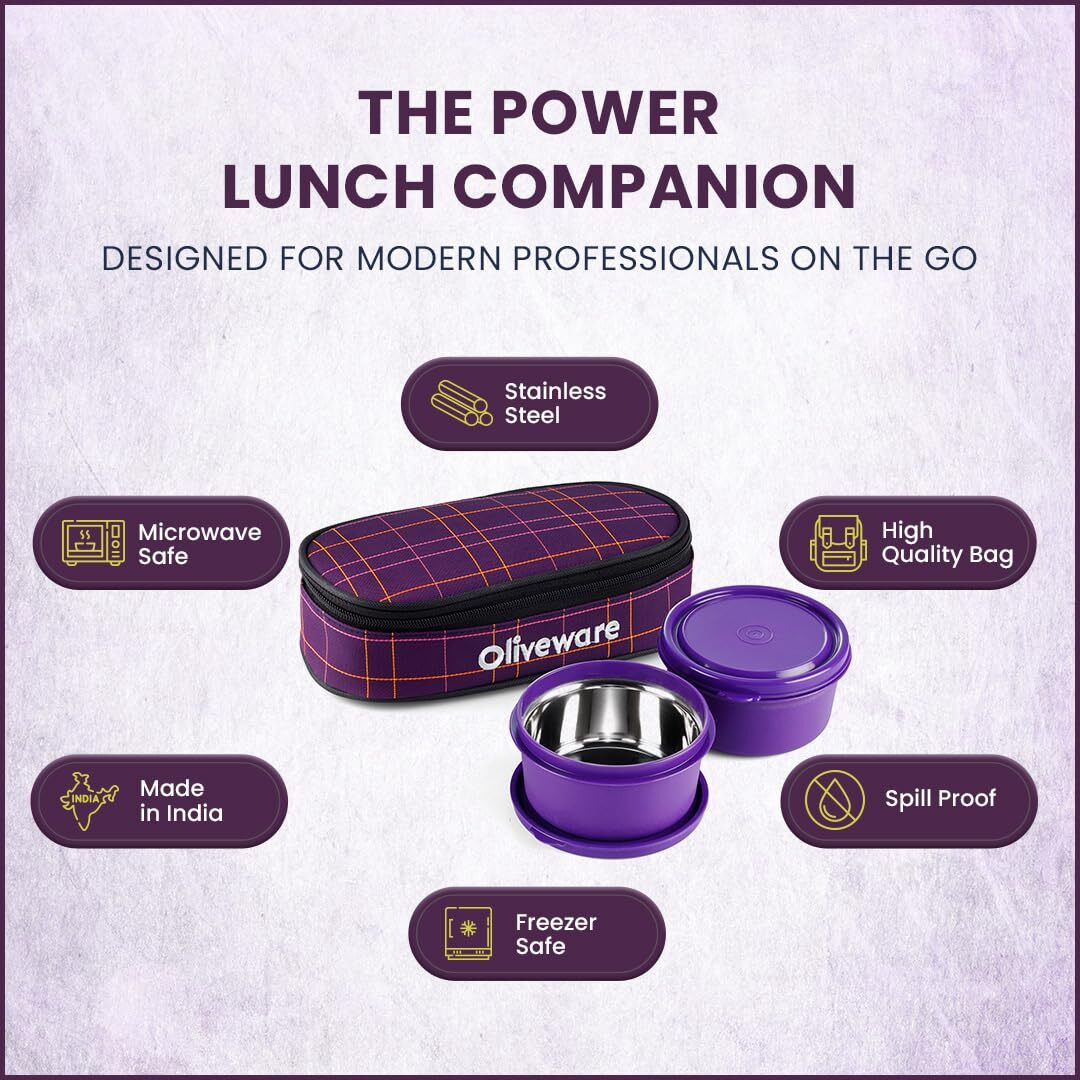 Oliveware Deniz Lunch Box, 2 Inner Steel Containers (450 Ml Each), Leak Proof & Microwave Safe, Insulated Fabric Bag, Full Meal & Easy To Carry (Violet)