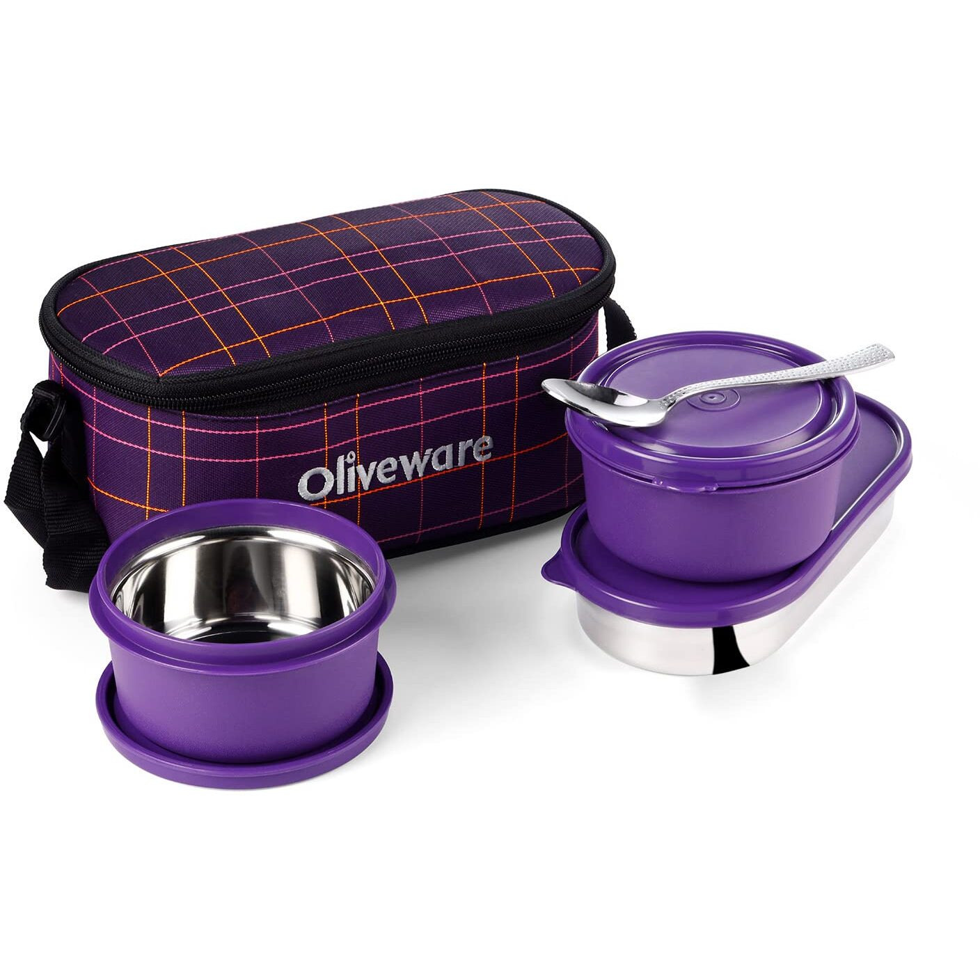 Sopl-Oliveware Hazel Lunch Box, Leak Proof & Microwave Safe, 3 Inner Steel Containers (450Ml, 450Ml, 550Ml), Insulated Fabric Bag, Full Meal & Easy To Carry (Violet)