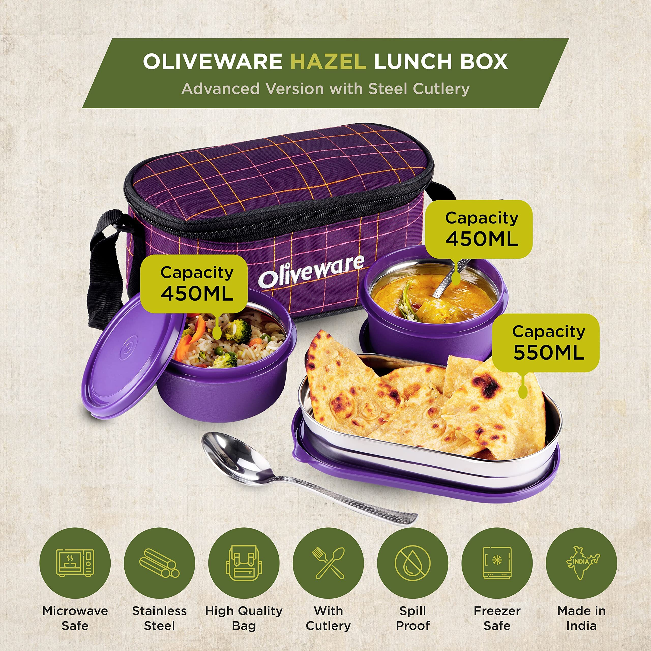 Sopl-Oliveware Hazel Lunch Box, Leak Proof & Microwave Safe, 3 Inner Steel Containers (450Ml, 450Ml, 550Ml), Insulated Fabric Bag, Full Meal & Easy To Carry (Violet)