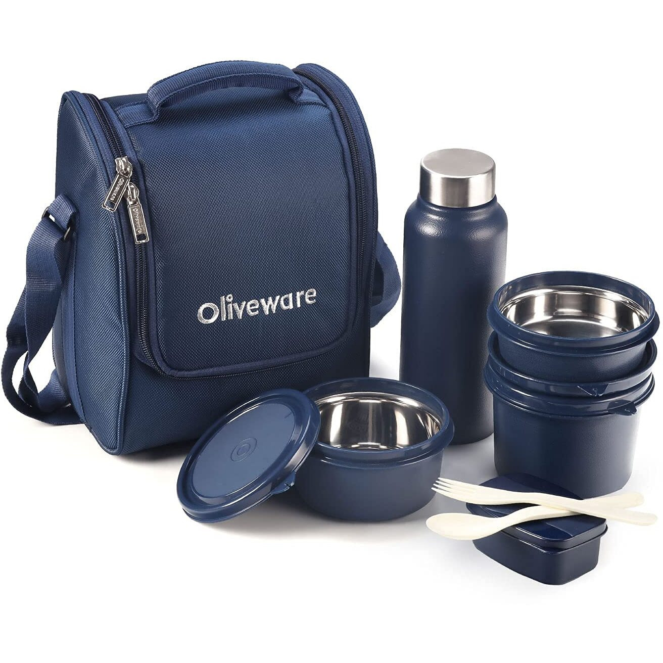 Sopl-Oliveware Teso Lunch Box With Plastic Cutlery, 3 Microwave Safe Inside Steel Containers With Bpa Free Lids (290Ml, 450Ml & 600Ml), Plastic Pickle Box (130Ml), Steel Water Bottle(750Ml) - Blue