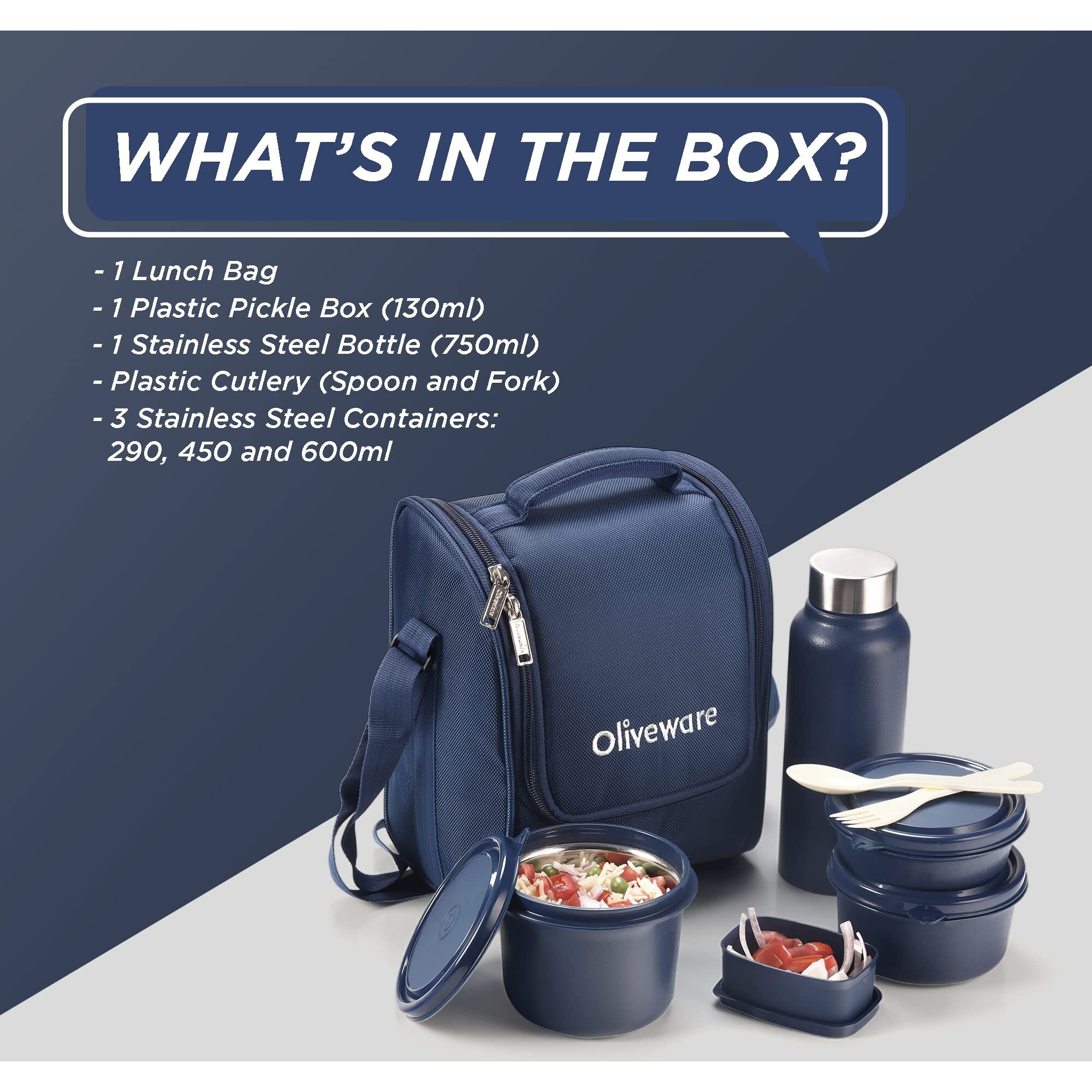 Sopl-Oliveware Teso Lunch Box With Plastic Cutlery, 3 Microwave Safe Inside Steel Containers With Bpa Free Lids (290Ml, 450Ml & 600Ml), Plastic Pickle Box (130Ml), Steel Water Bottle(750Ml) - Blue