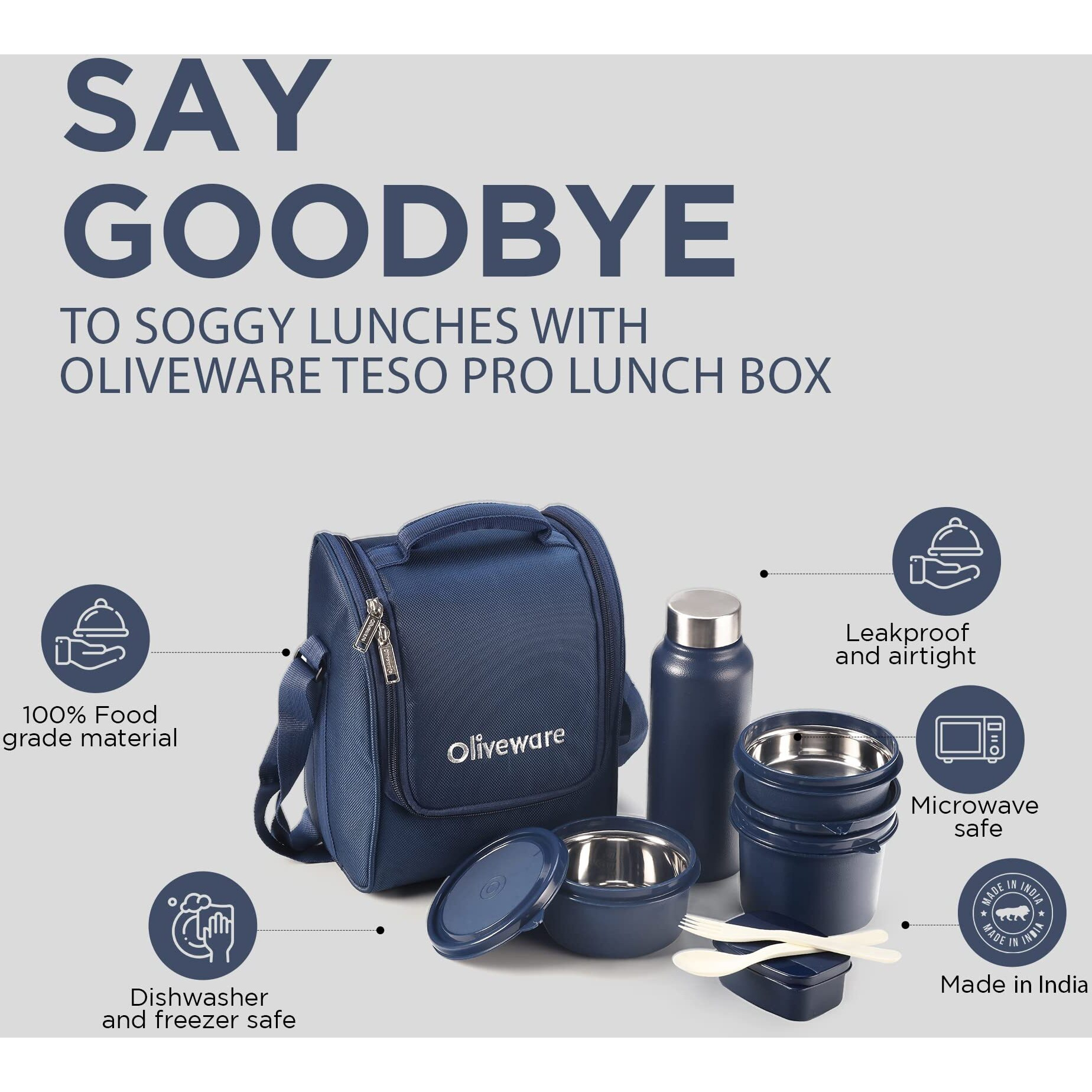 Sopl-Oliveware Teso Lunch Box With Plastic Cutlery, 3 Microwave Safe Inside Steel Containers With Bpa Free Lids (290Ml, 450Ml & 600Ml), Plastic Pickle Box (130Ml), Steel Water Bottle(750Ml) - Blue