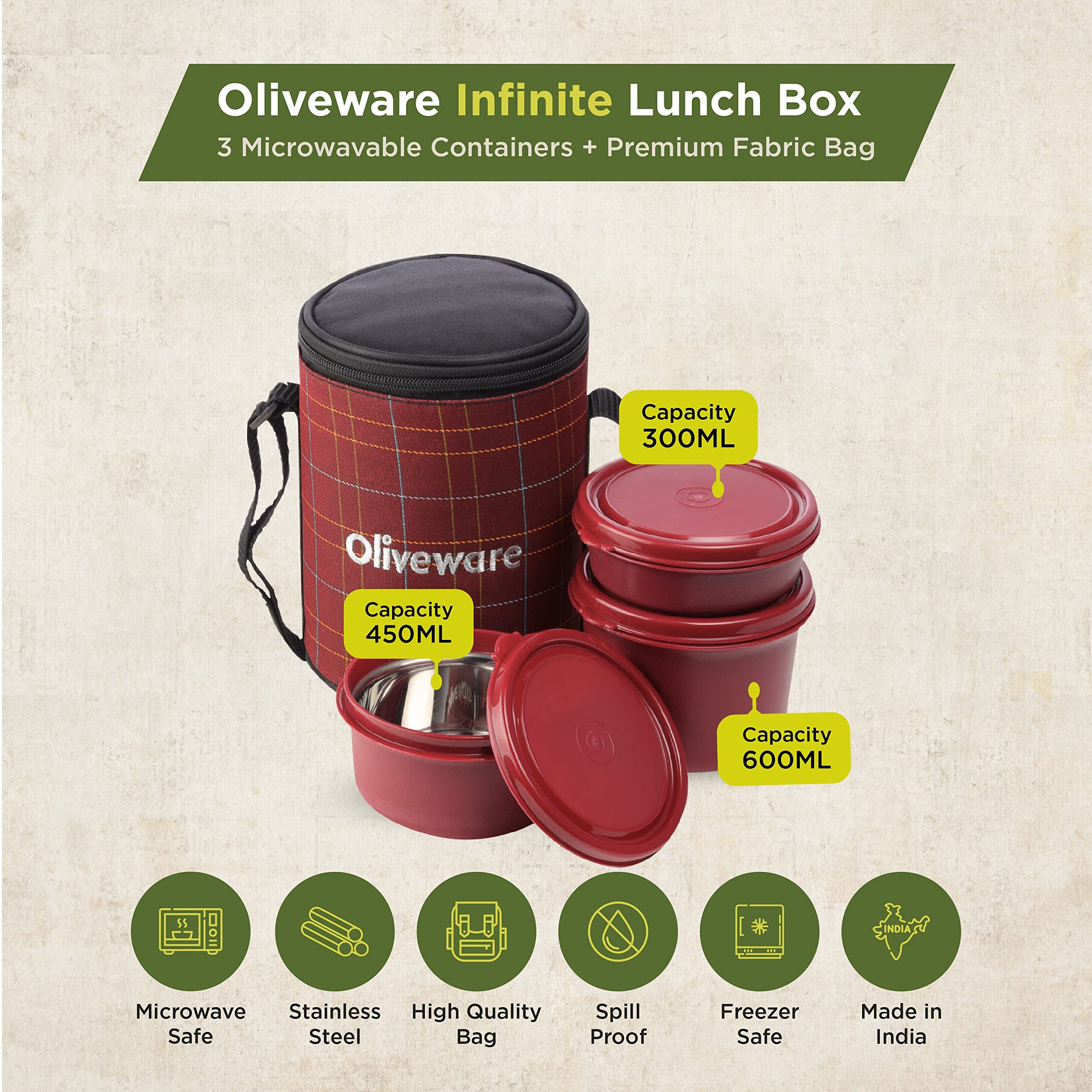 Oliveware Infinite Lunch Box, Microwave Safe & Leak Proof, 3 Inside Steel Containers With Bpa Free Airtight Lids (290Ml, 450Ml & 600Ml), Fabric Bag - Red