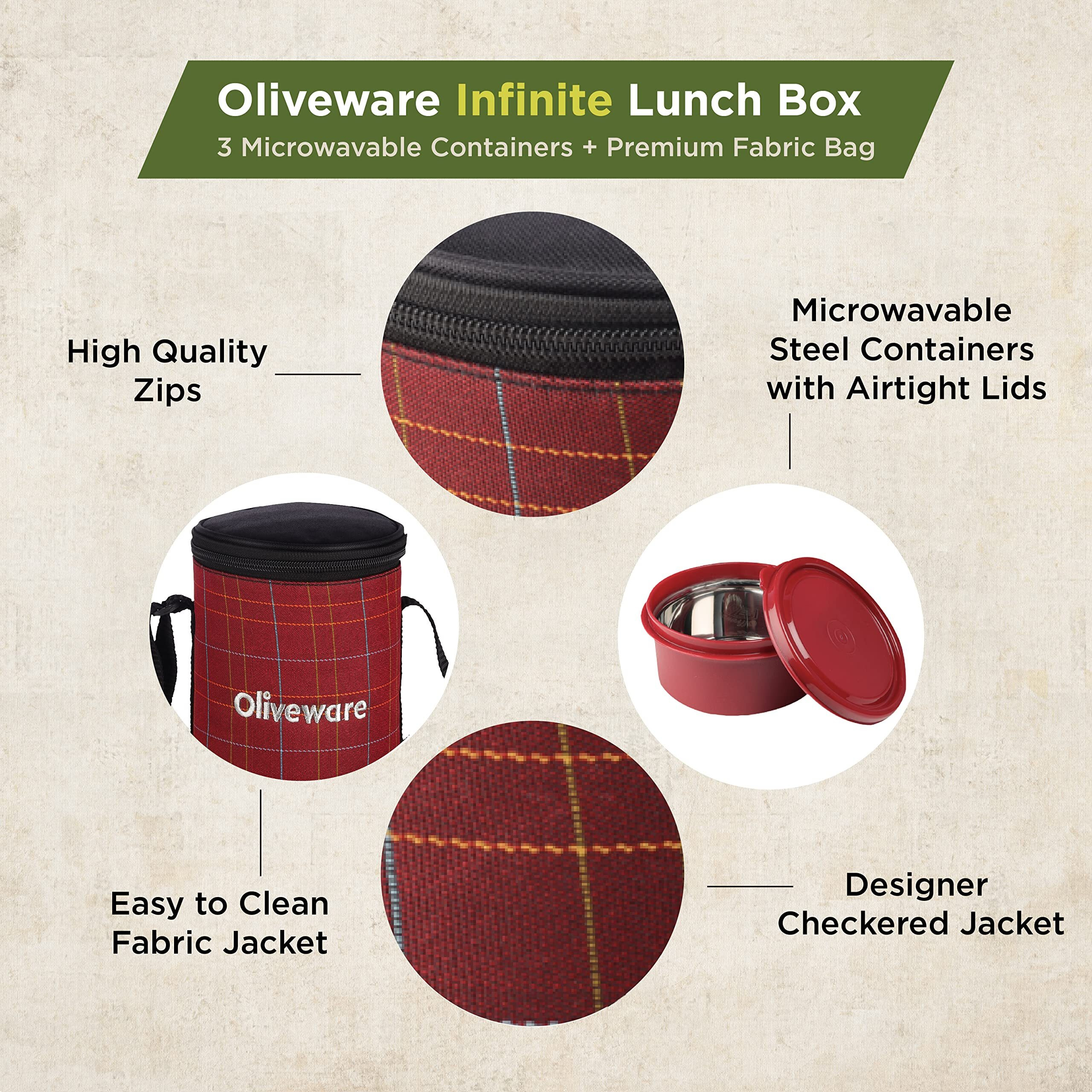 Oliveware Infinite Lunch Box, Microwave Safe & Leak Proof, 3 Inside Steel Containers With Bpa Free Airtight Lids (290Ml, 450Ml & 600Ml), Fabric Bag - Red
