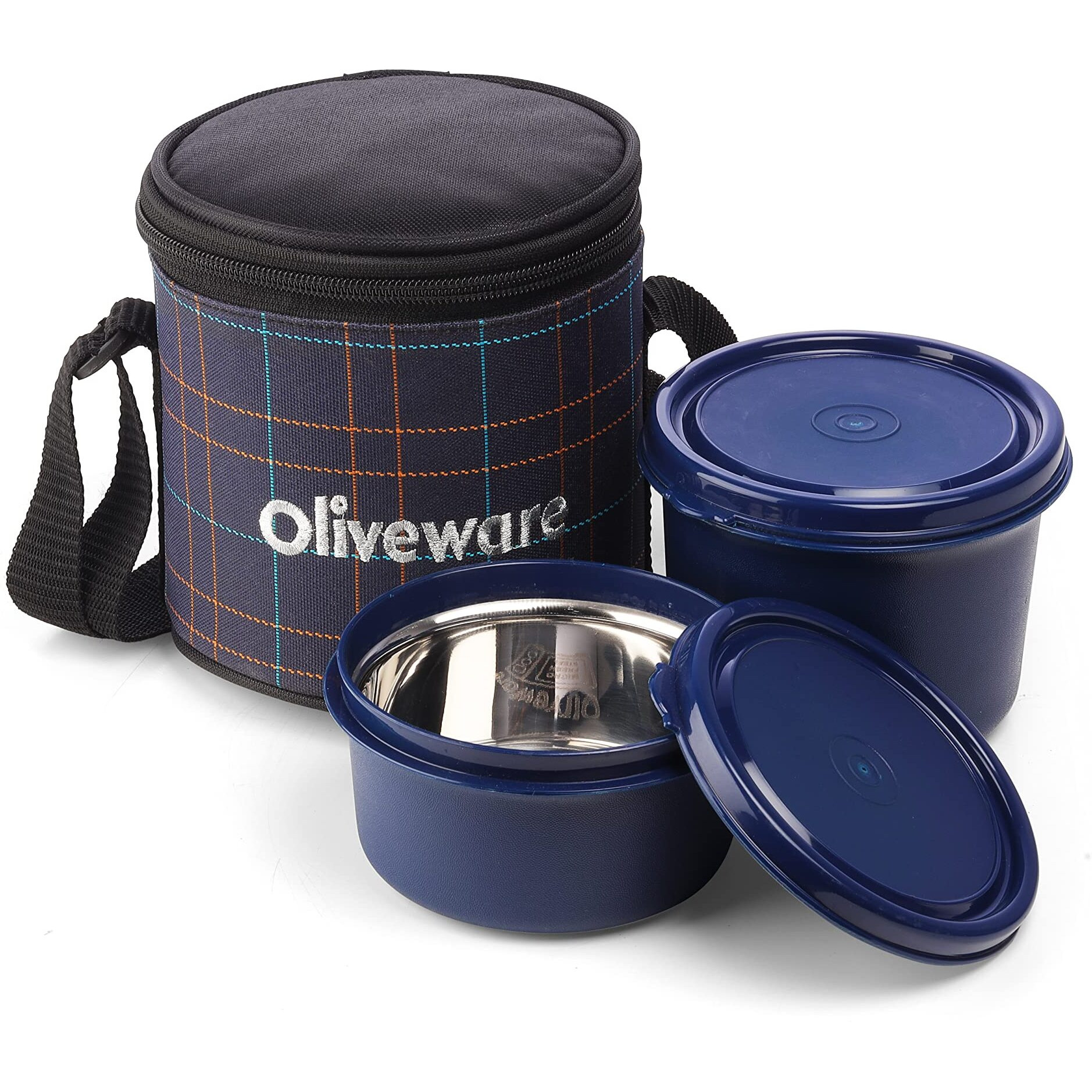 Oliveware Cleo Lunch Box, Microwave Safe & Leak Proof, 2 Inner Steel Containers With Bpa Free Airtight Lids (450Ml & 600Ml), Fabric Bag (Blue)