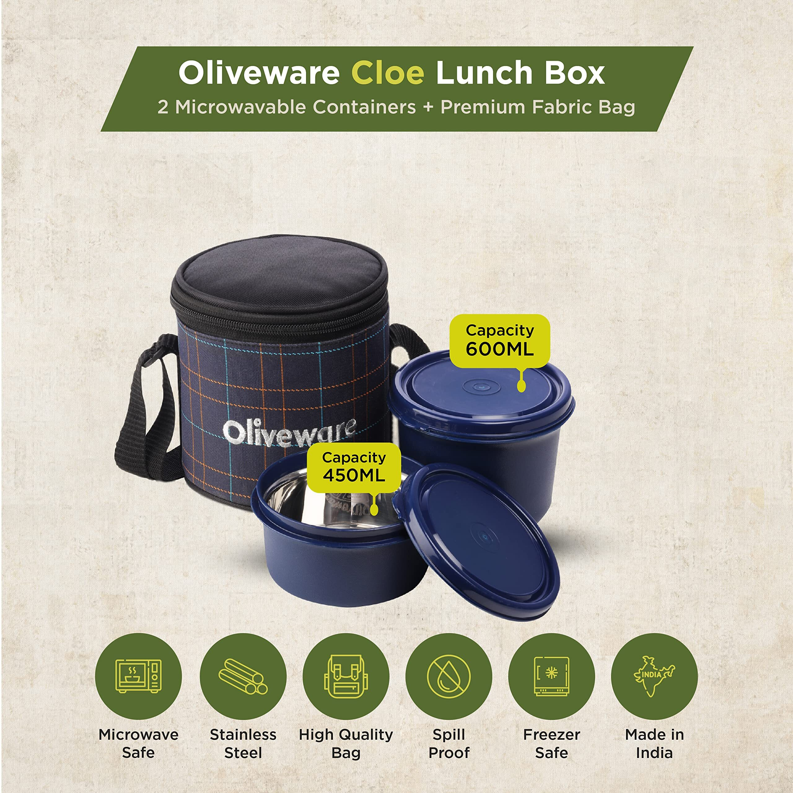 Oliveware Cleo Lunch Box, Microwave Safe & Leak Proof, 2 Inner Steel Containers With Bpa Free Airtight Lids (450Ml & 600Ml), Fabric Bag (Blue)