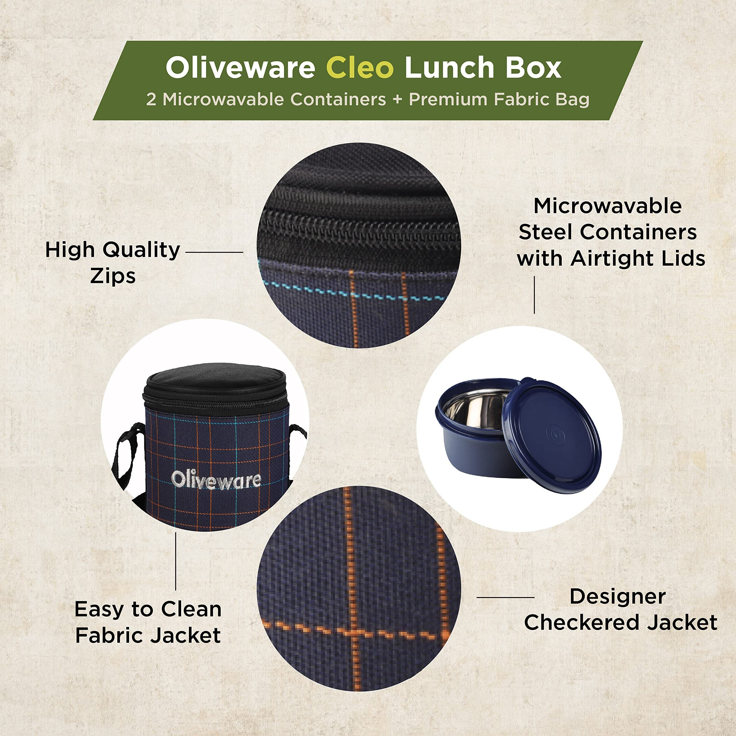 Oliveware Cleo Lunch Box, Microwave Safe & Leak Proof, 2 Inner Steel Containers With Bpa Free Airtight Lids (450Ml & 600Ml), Fabric Bag (Blue)